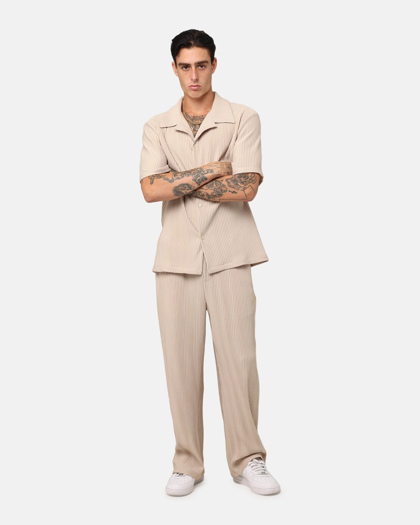 Evening Elegance Day-To-Night Wear XXIII Pleated Button Up Shirt Tan