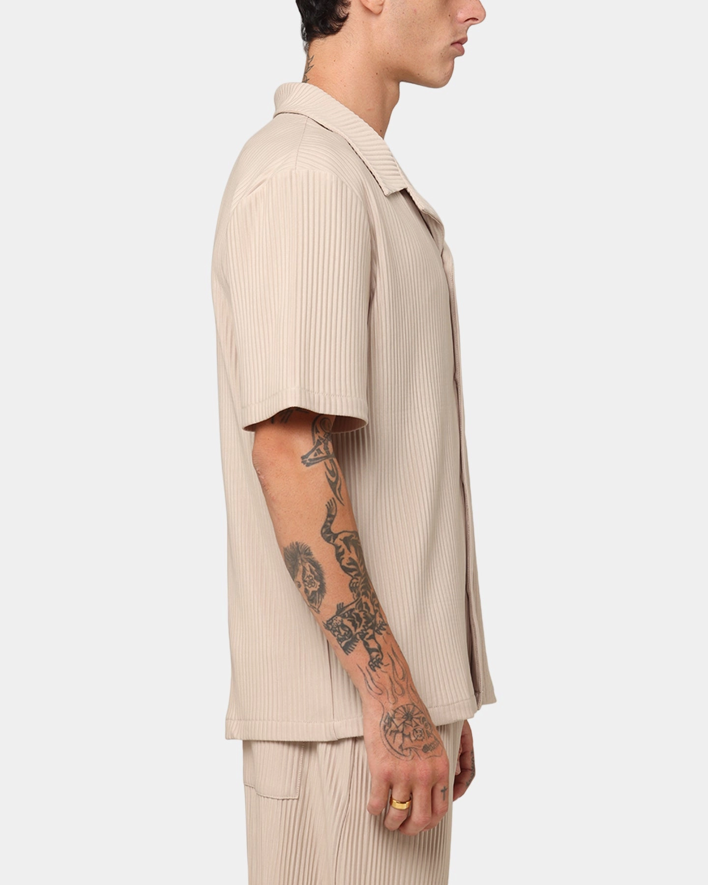 XXIII Pleated Button Up Shirt Tan Contemporary Style Multi Pocket Design