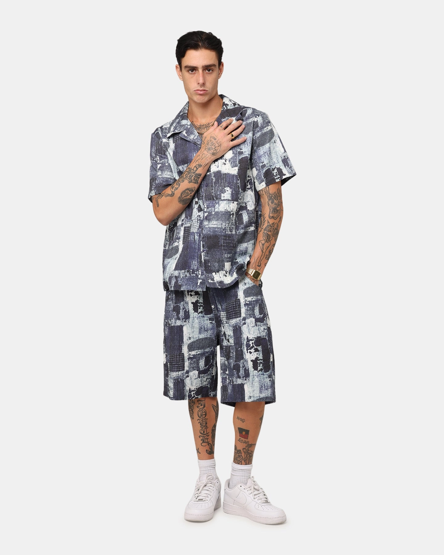 Poolside Wear Ultimate Ventilation Channels XXIII Printed Denim Patch Jorts Blue