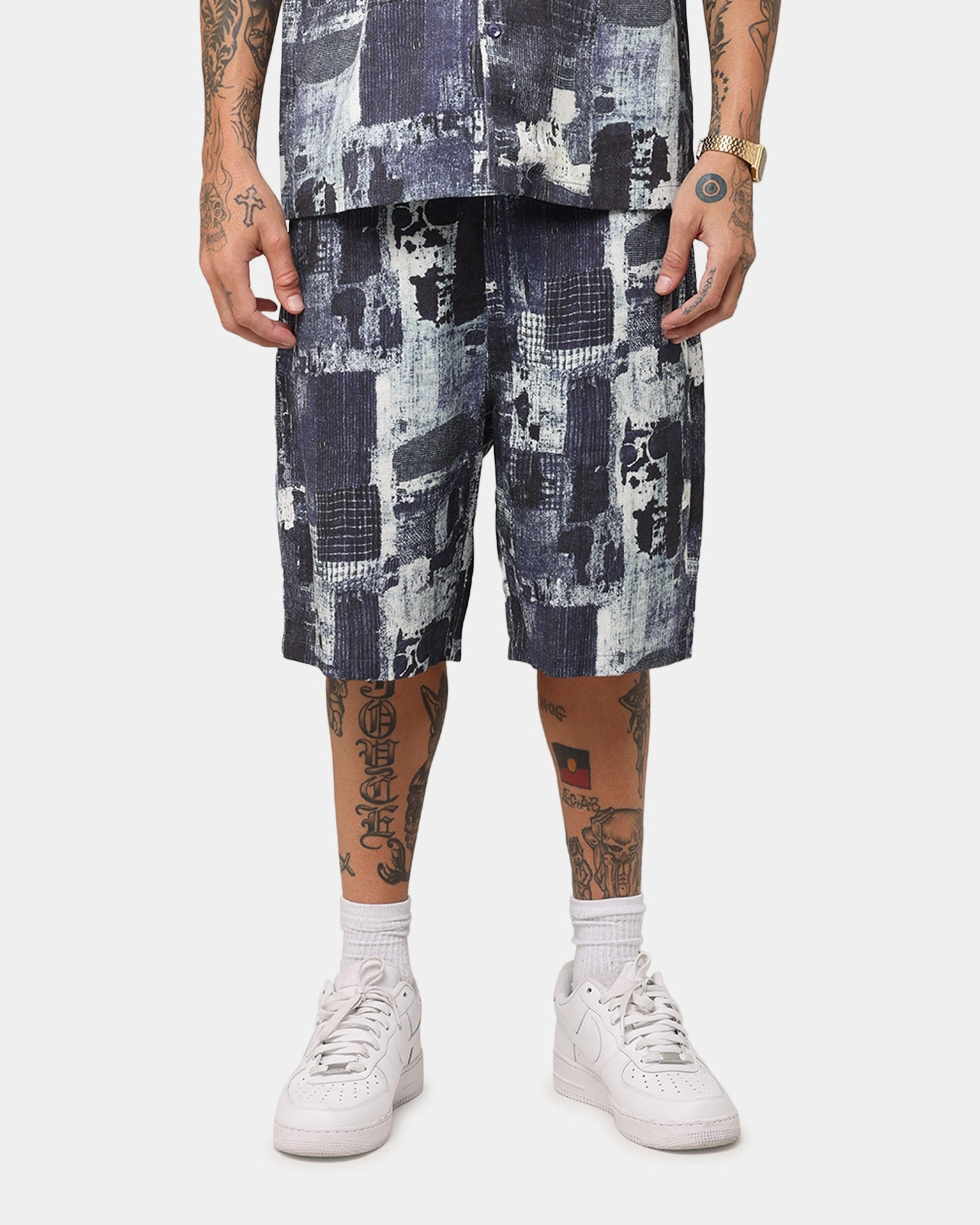 XXIII Printed Denim Patch Jorts Blue Workout Ready Design