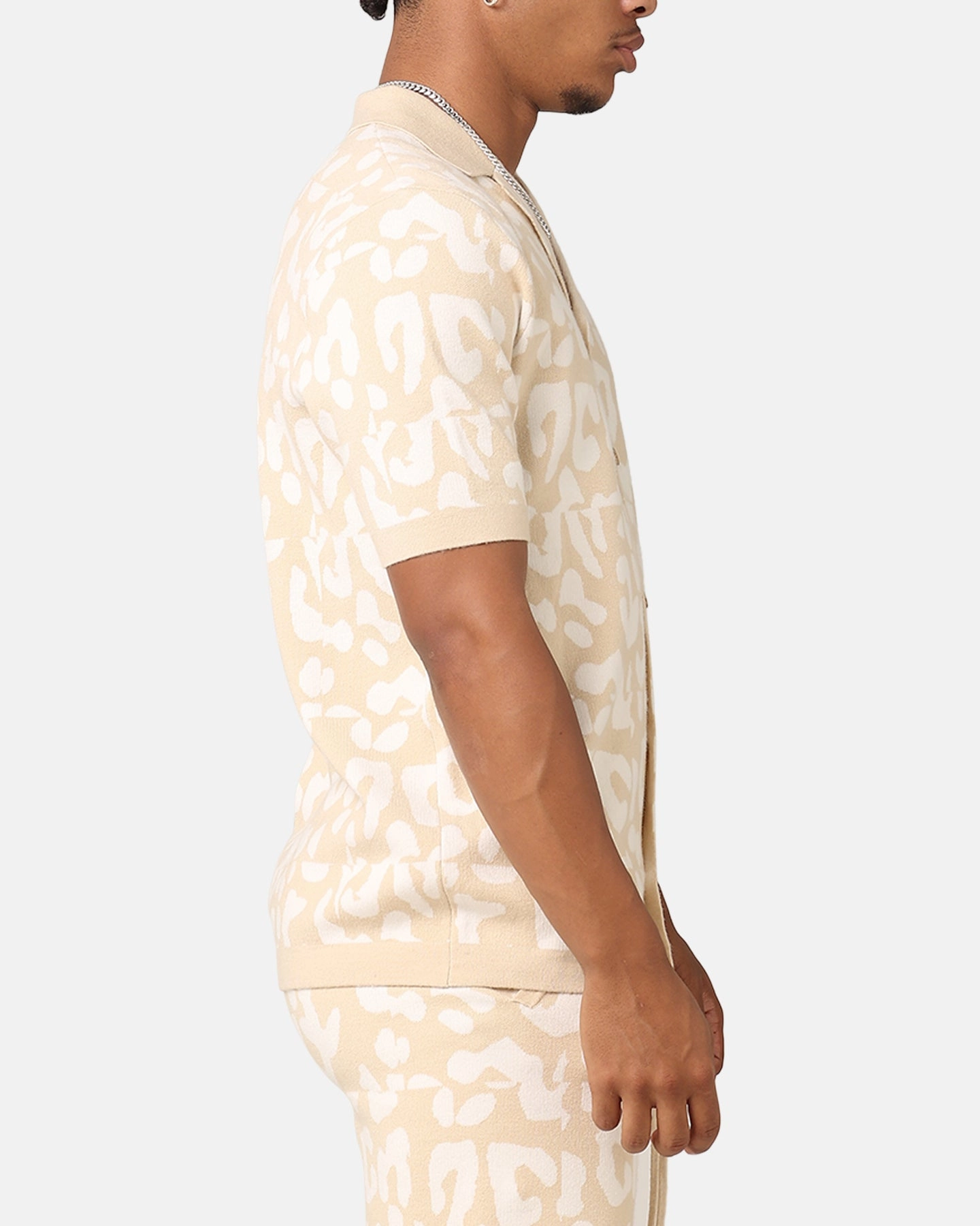 Bamboo Fiber Blend Chic Ensemble XXIII Puzzle Knit Button Up Shirt Beige/Off White