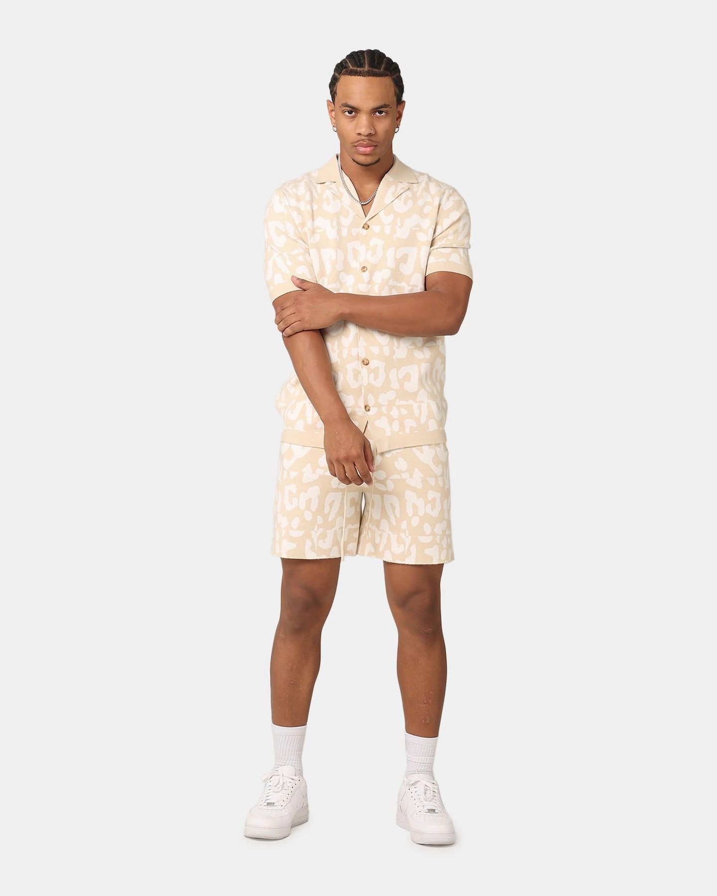 XXIII Puzzle Knit Button Up Shirt Beige/Off White family gathering