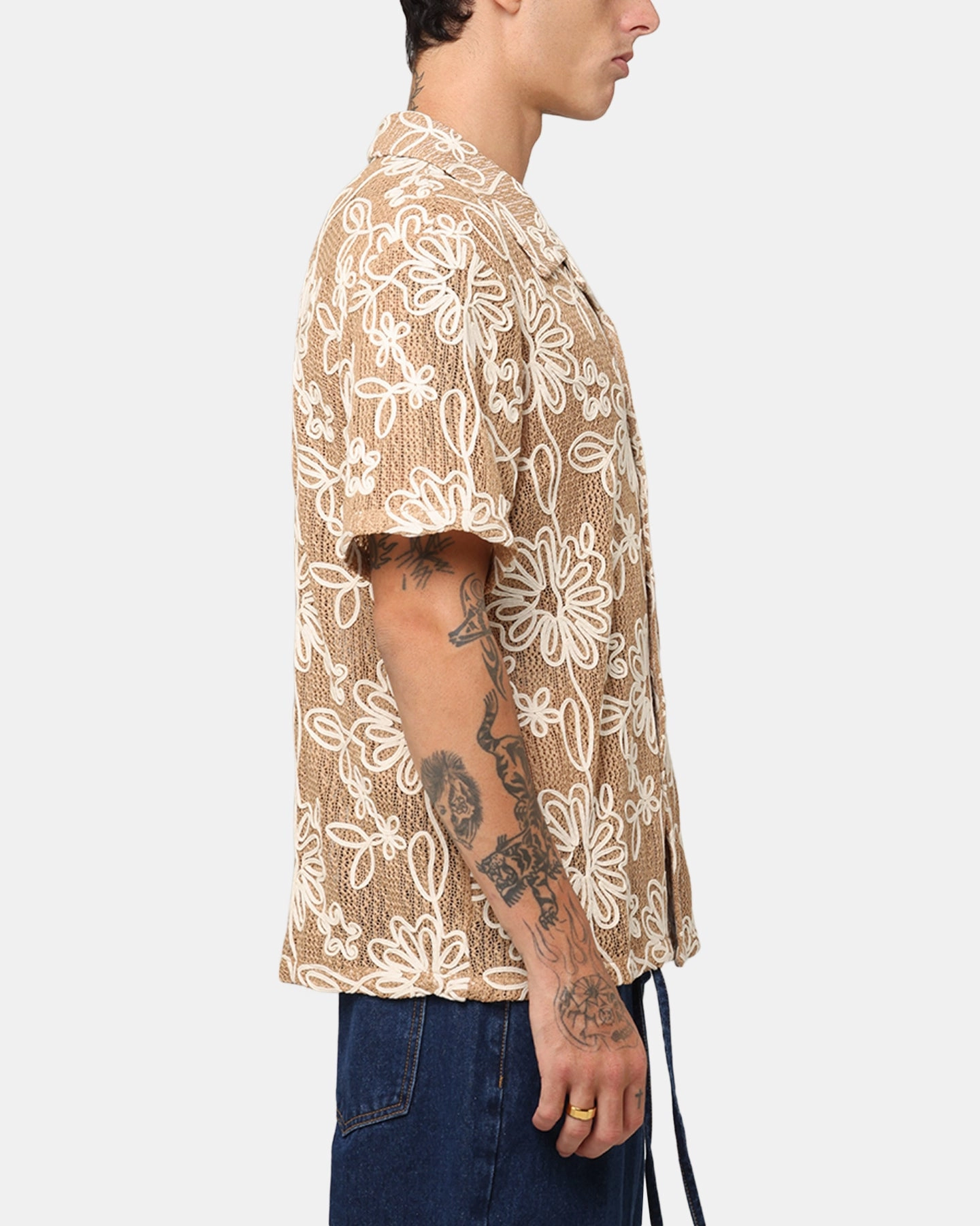 Athleisure Trend XXIII Resort Knit Button Up Shirt Tan/Cream