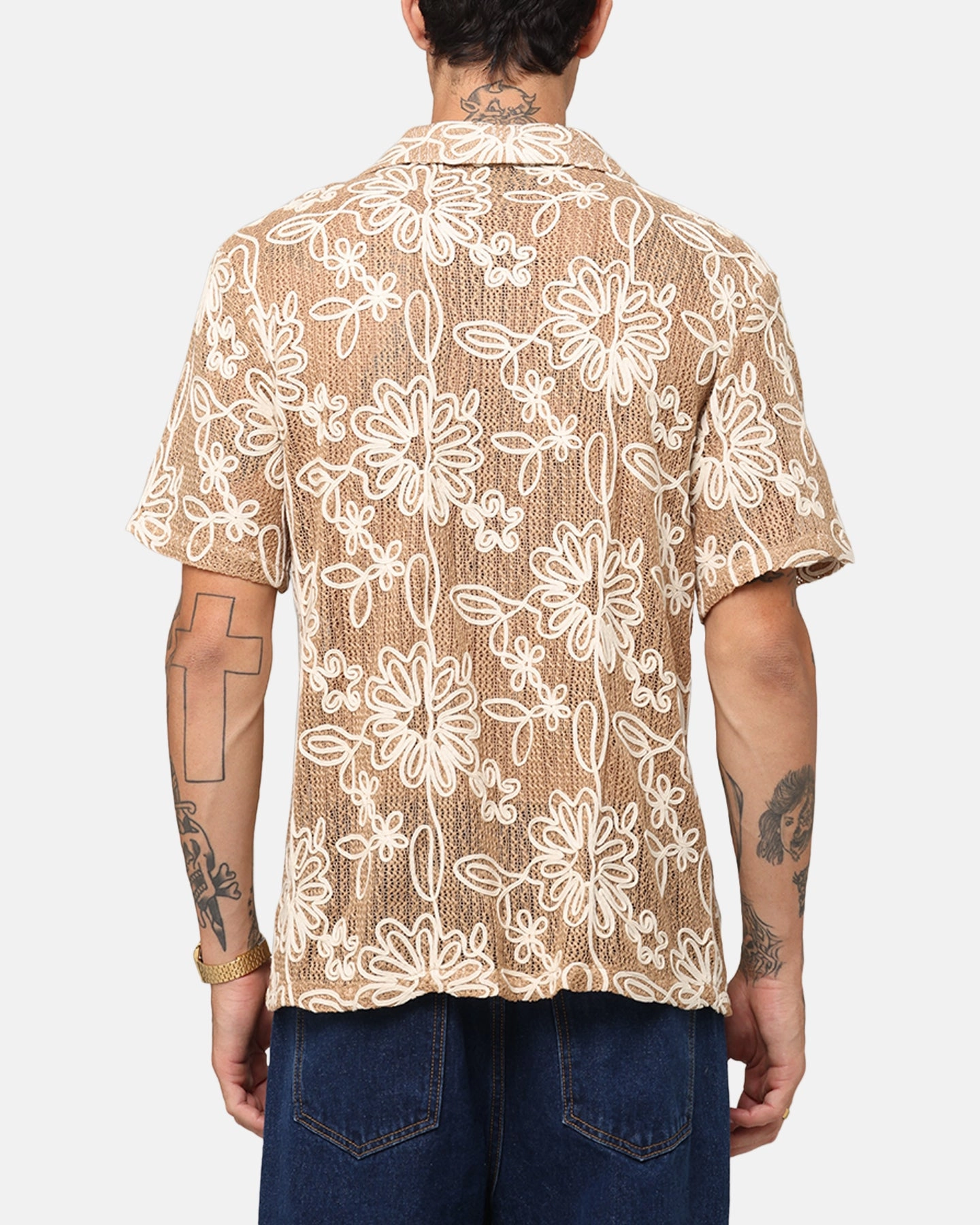 XXIII Resort Knit Button Up Shirt Tan/Cream Gift Idea Bold Print