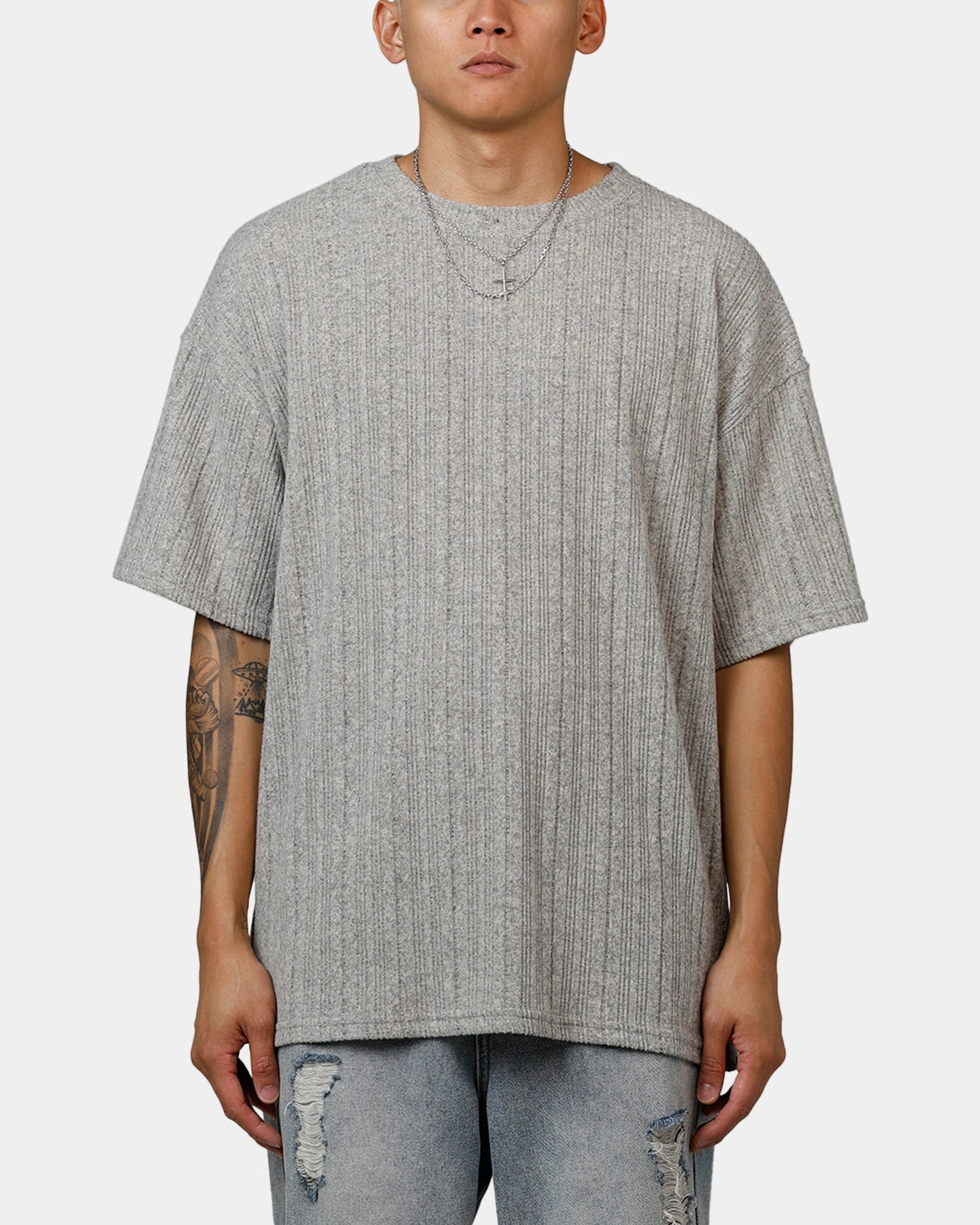DoubleLayeredCollar XXIII Rib Knit T-Shirt Grey Marle