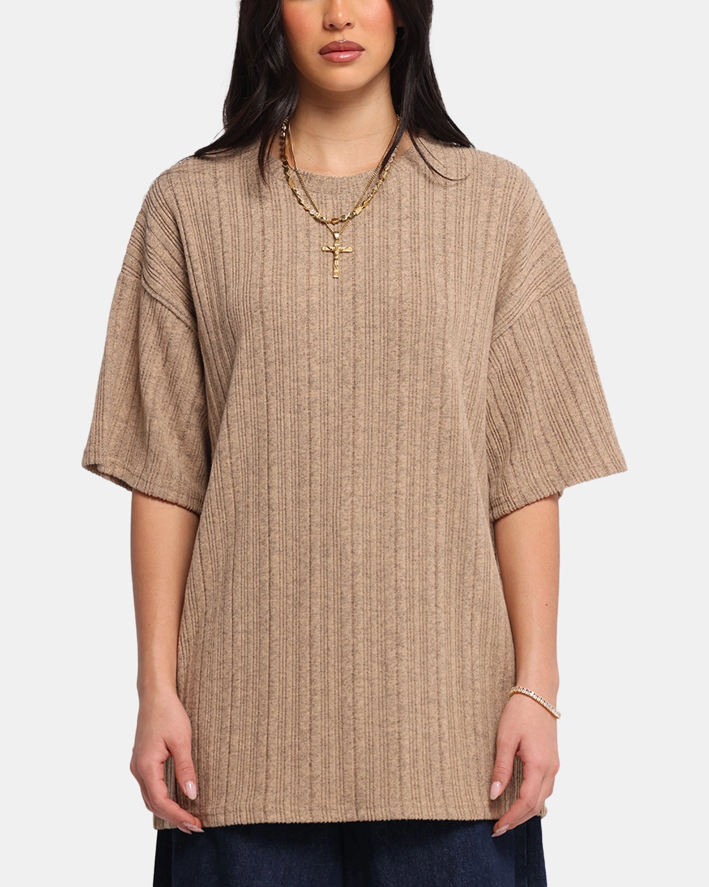 XXIII Rib Knit T-Shirt Tan Marle Durable Knitwear