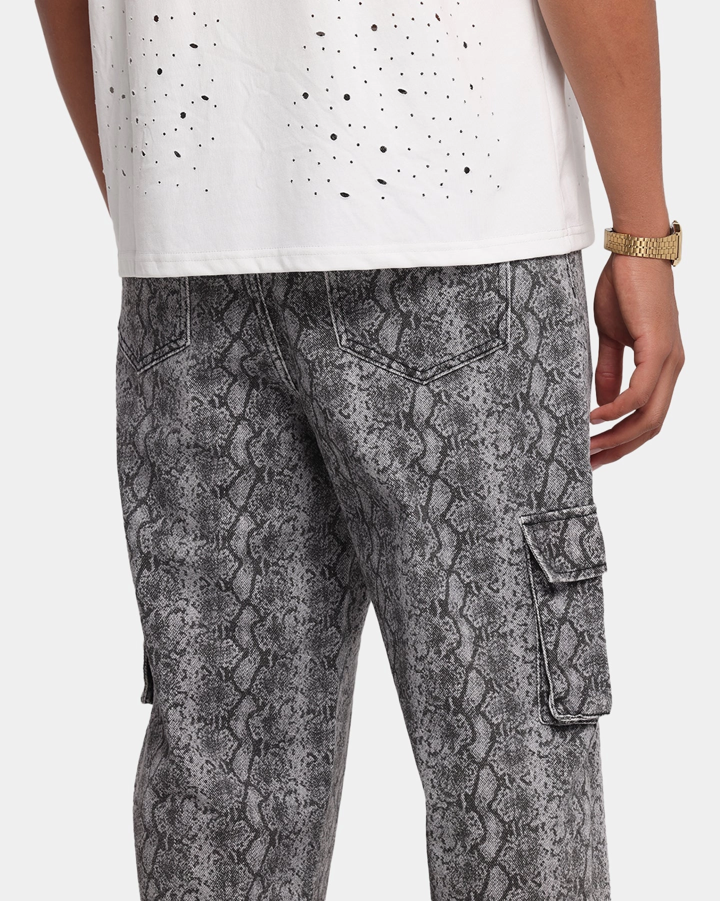 XXIII Snake Skin Cargo Pants Black Snake Print Non Binding Cuffs Flexible Wear