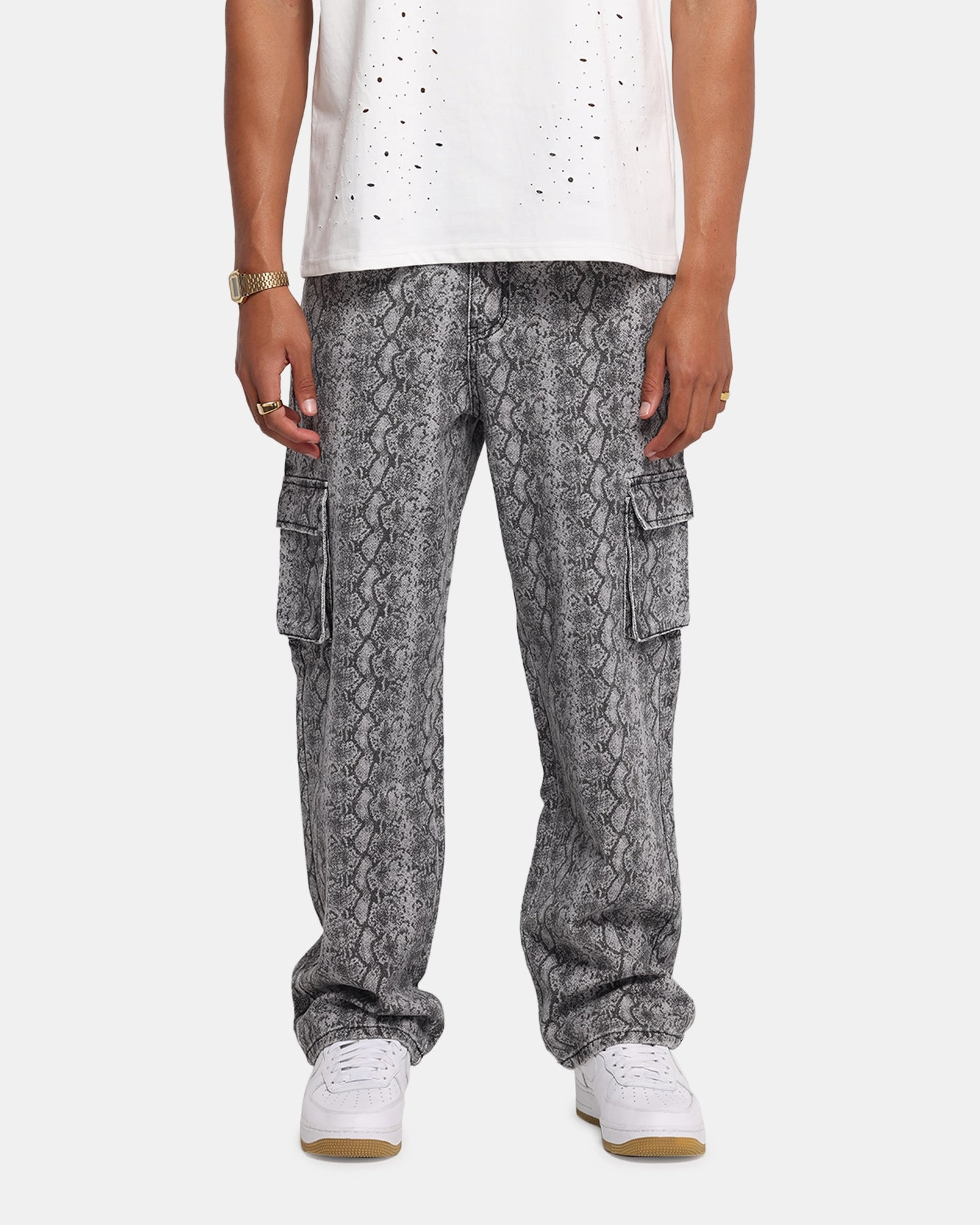 Comfy Wardrobe High Durability Stitching XXIII Snake Skin Cargo Pants Black Snake Print