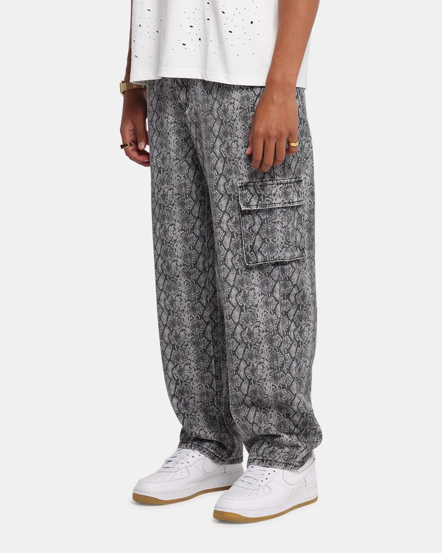 High Waist Stretch XXIII Snake Skin Cargo Pants Black Snake Print