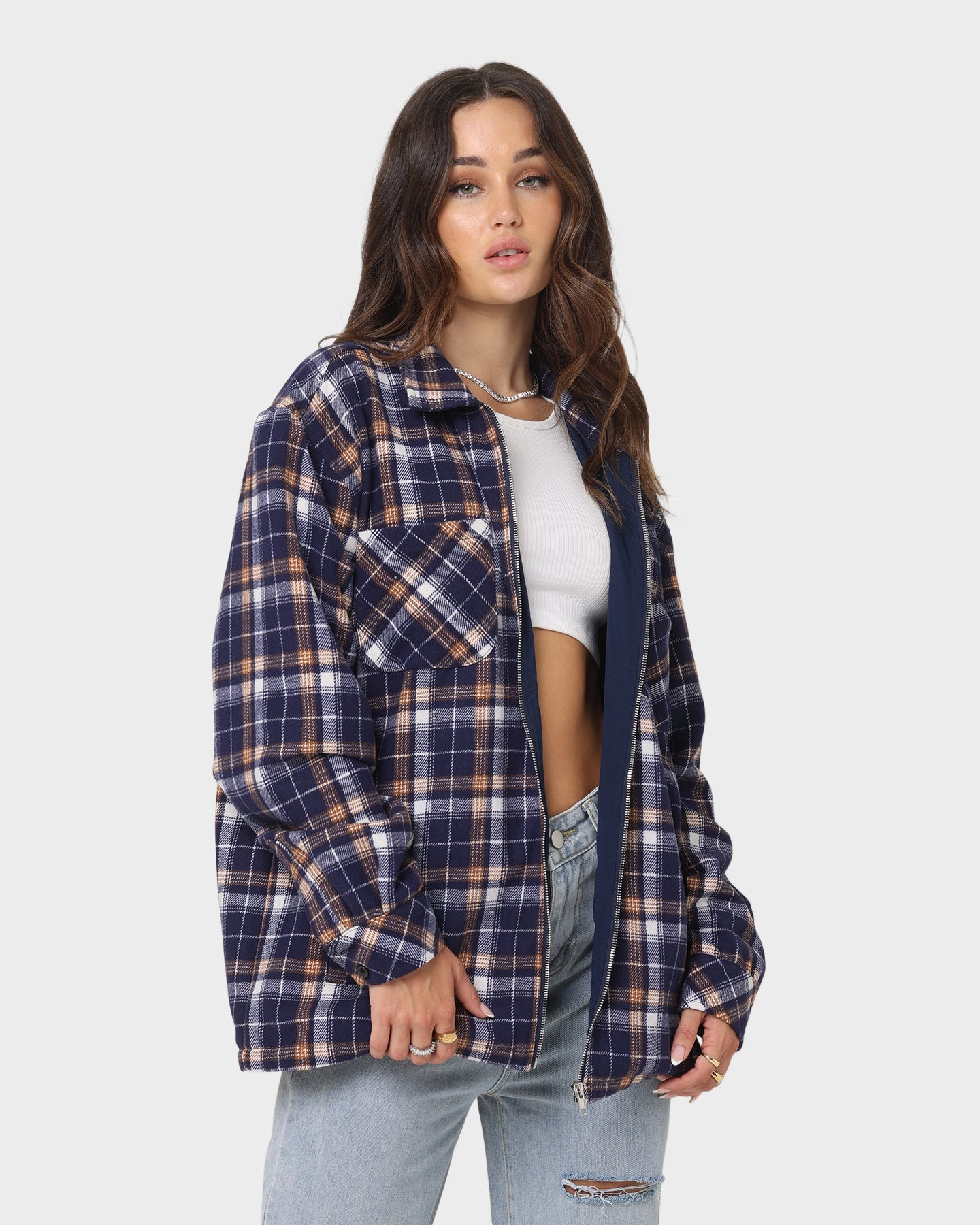 XXIII Soren Plaid Bomber Jacket Blue warm material