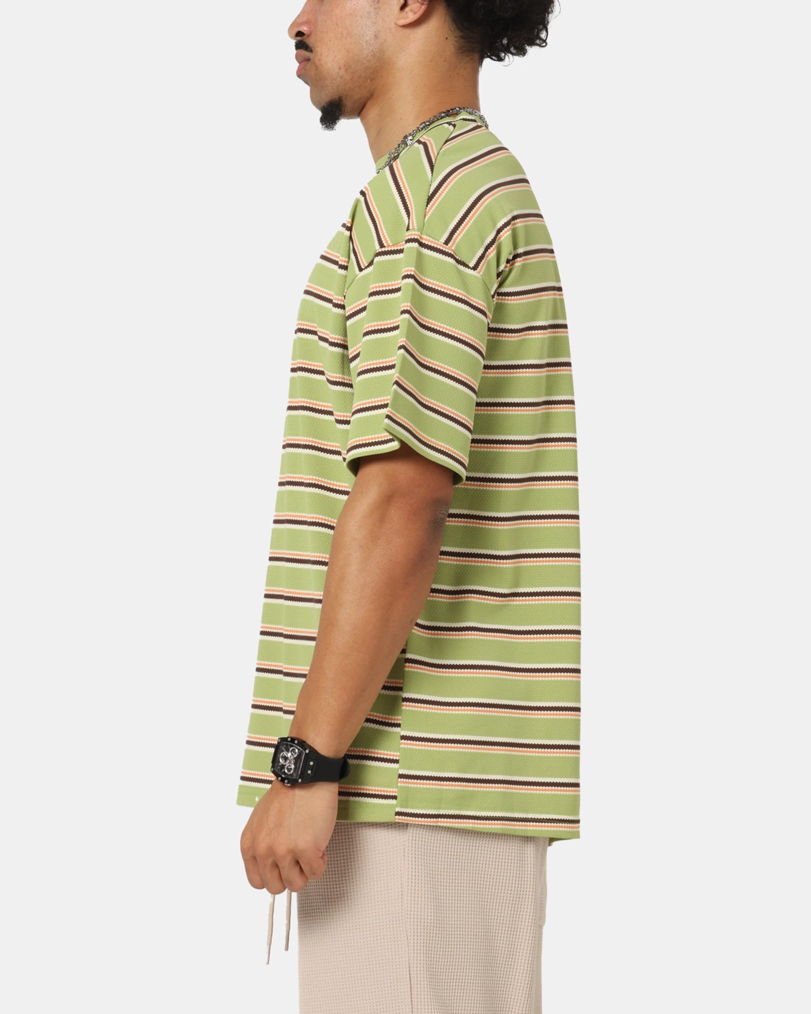 XXIII Standard Stripe T-Shirt Green/Orange Easygoing Wear Multi Directional Stretch
