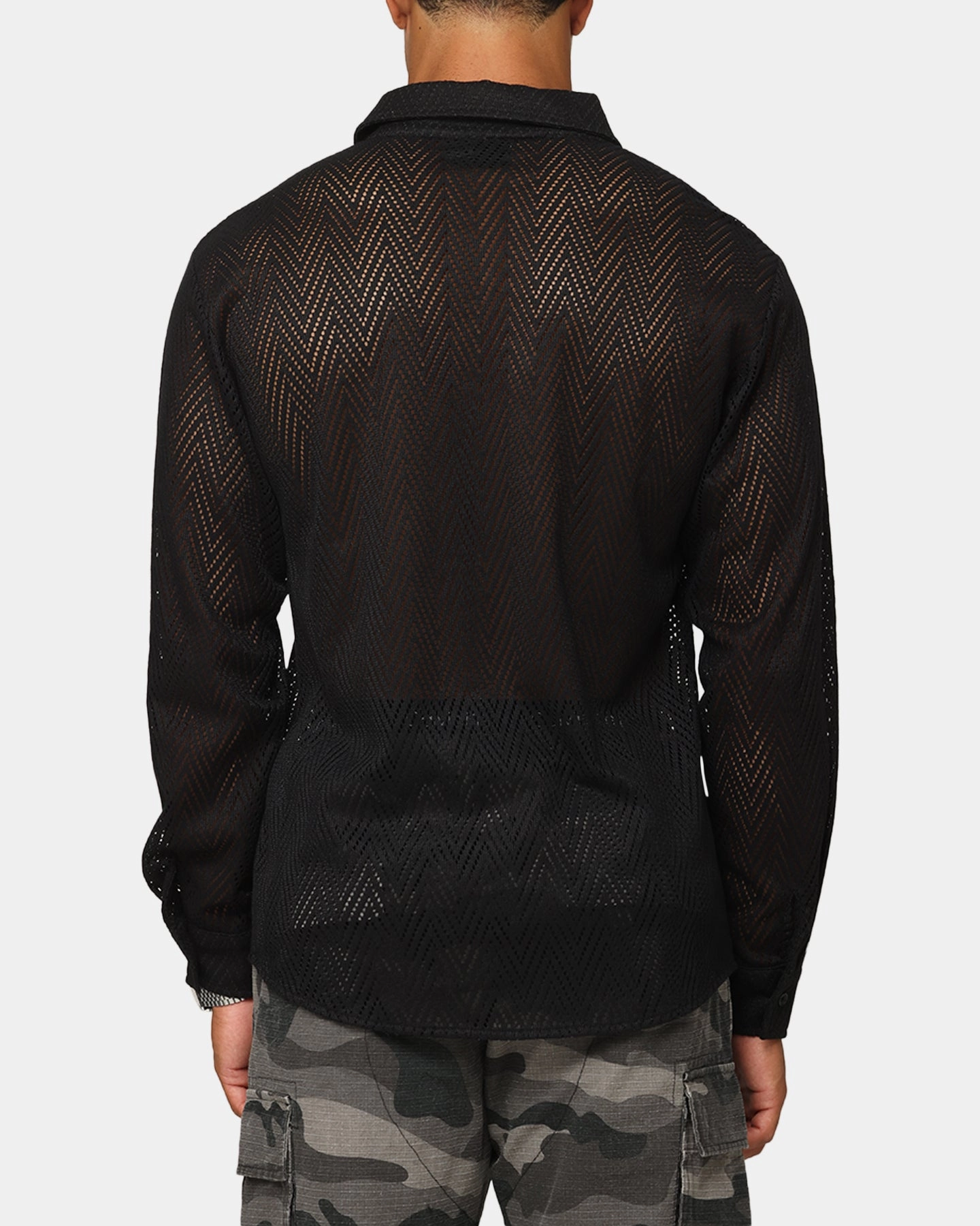 XXIII Terrace Knit Long Sleeve Button Up Shirt Black Pocket Detailing Distressed finish