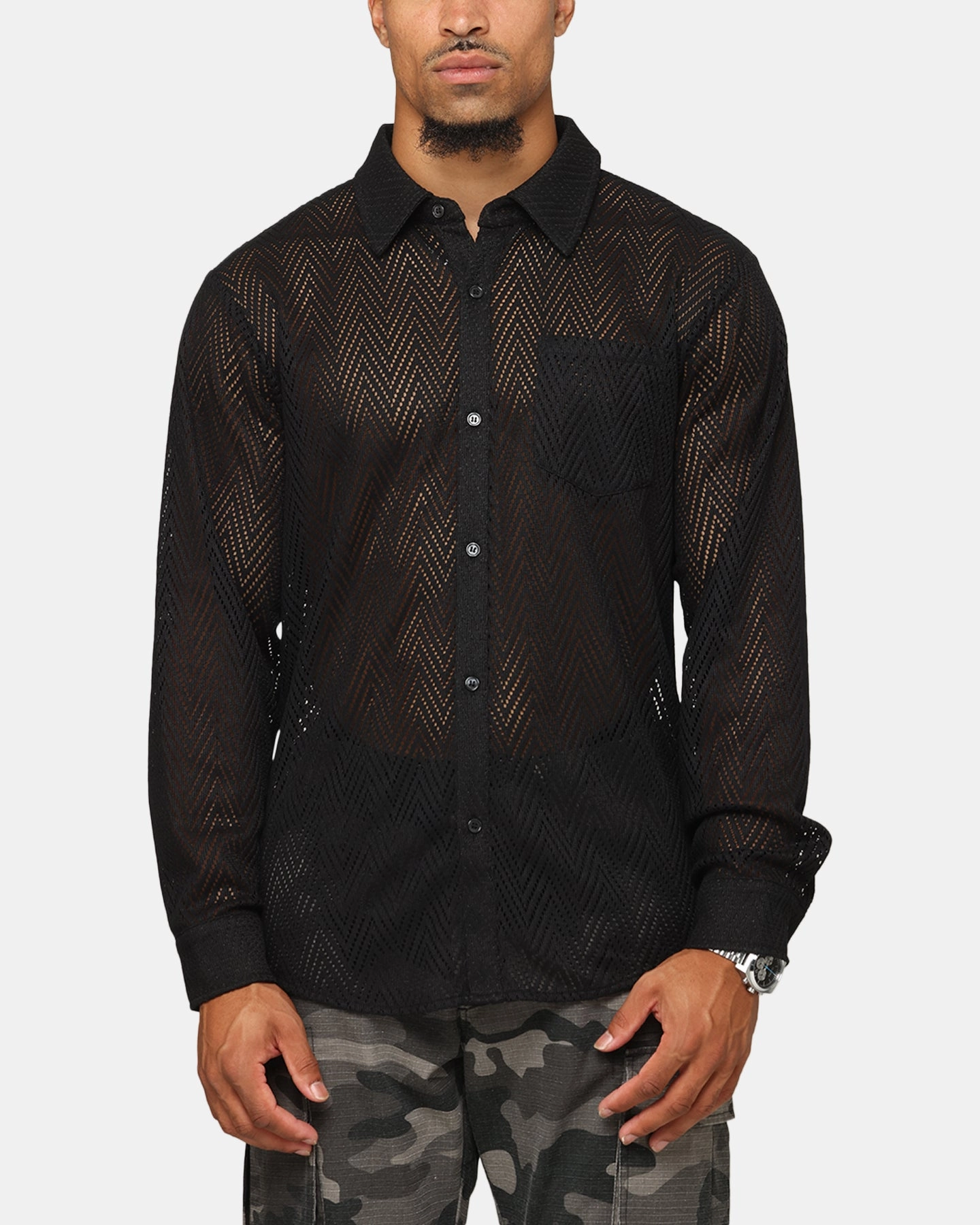 XXIII Terrace Knit Long Sleeve Button Up Shirt Black Structured Shoulder Support