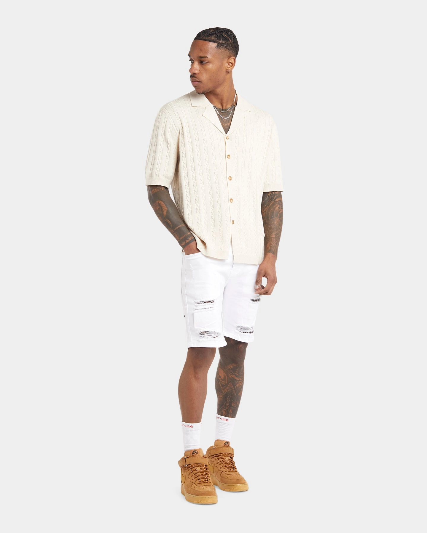 XXIII Terry Knit Button Up Shirt Tan Polished Placket Adjustable Cuff Closure