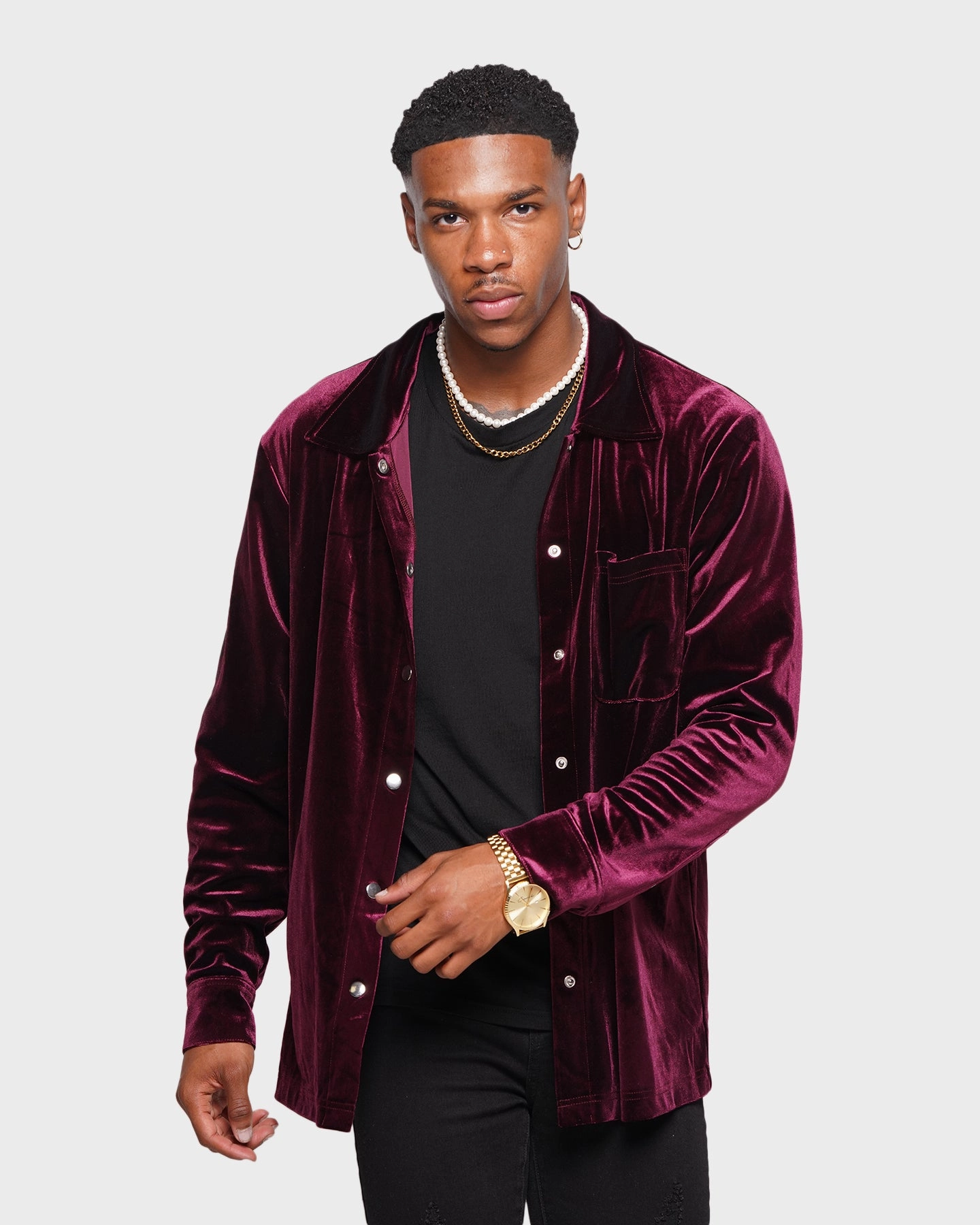 Money XXIII Uzair Velour Button Up Shirt Burgundy
