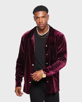 Money XXIII Uzair Velour Button Up Shirt Burgundy