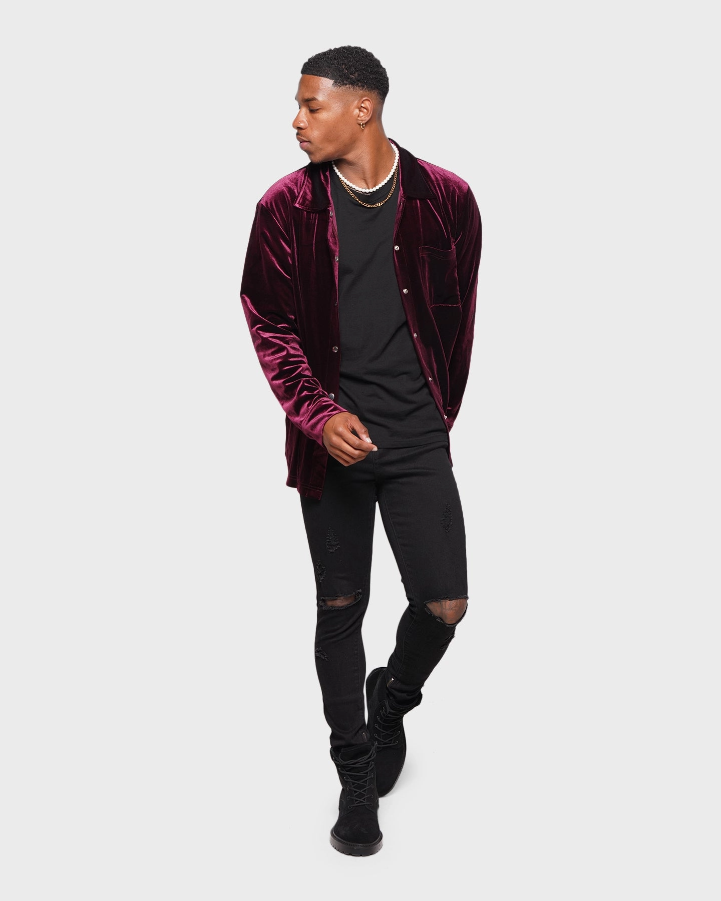 Age Status XXIII Uzair Velour Button Up Shirt Burgundy