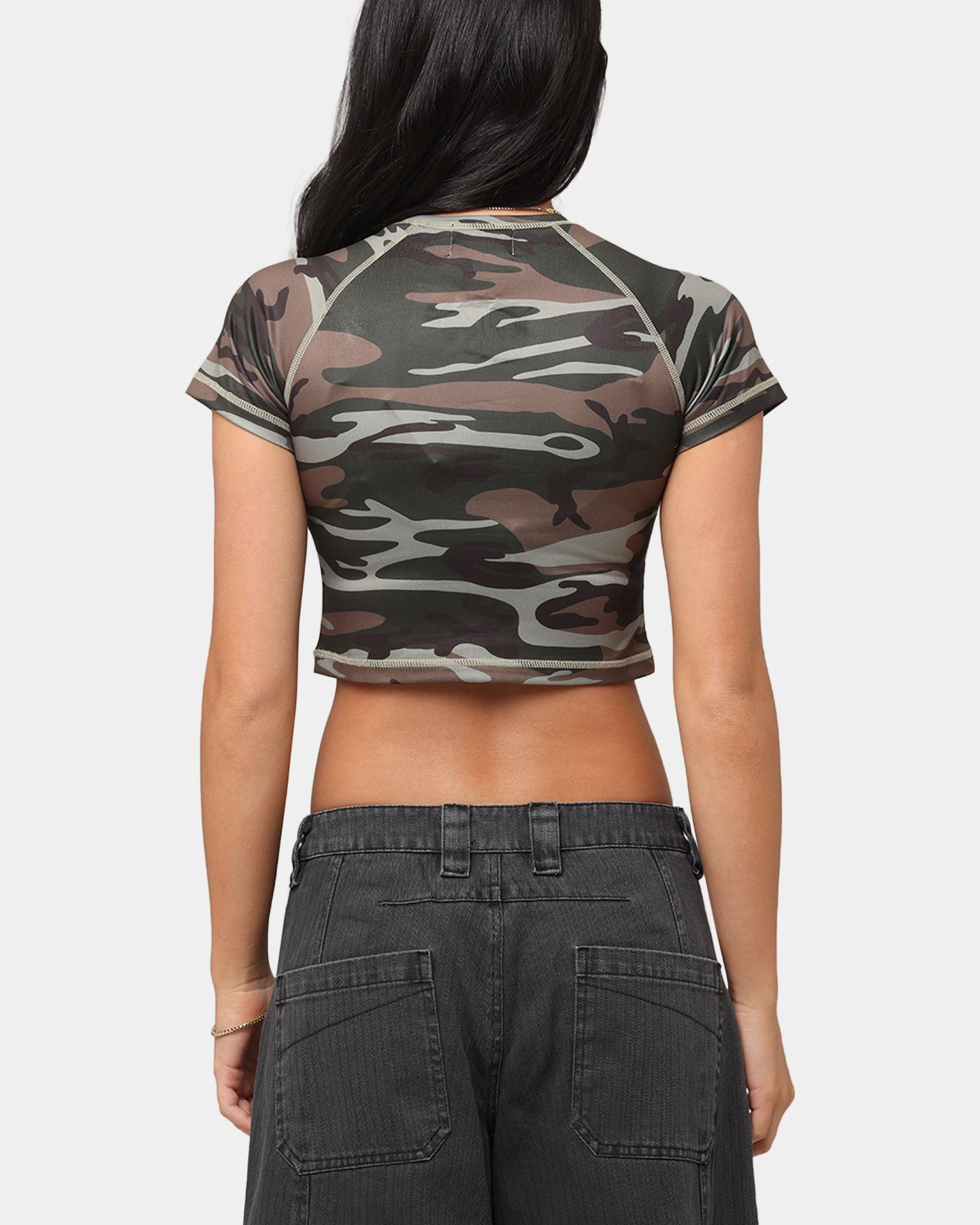 XXIII Women's Boiler Room Crop T-Shirt Washed Green Camo Stretchable Fabric Sleeveless