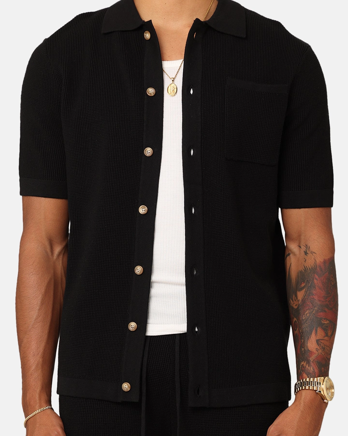 Seasonal Wardrobe XXIII Zyair Knit Rib Button Up Shirt Black