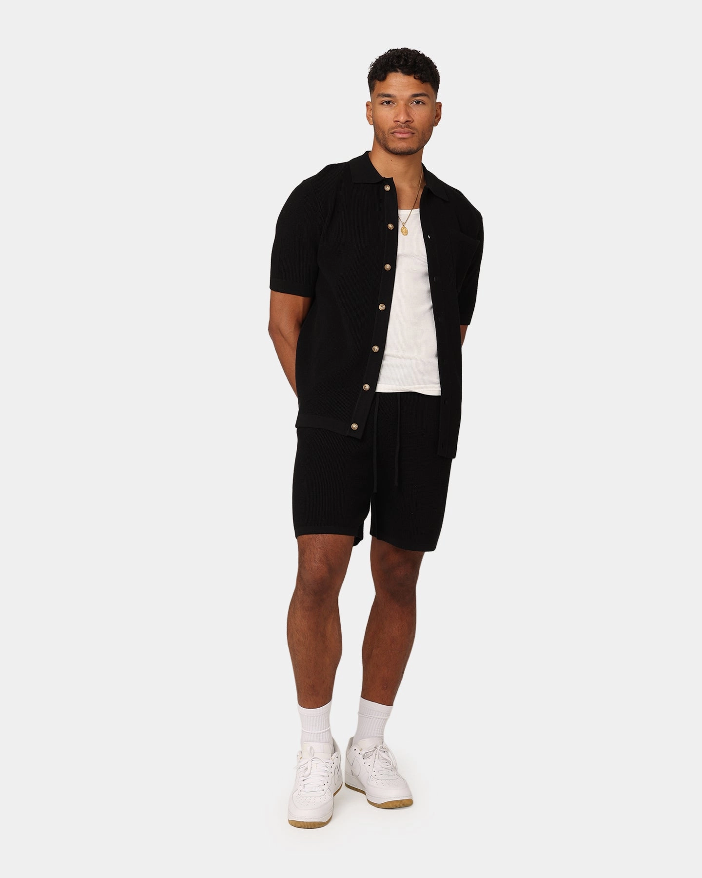XXIII Zyair Knit Rib Button Up Shirt Black Organic Cotton