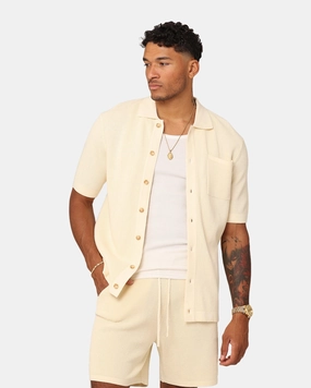 Tagless Design Microfiber Material XXIII Zyair Knit Rib Button Up Shirt Cream