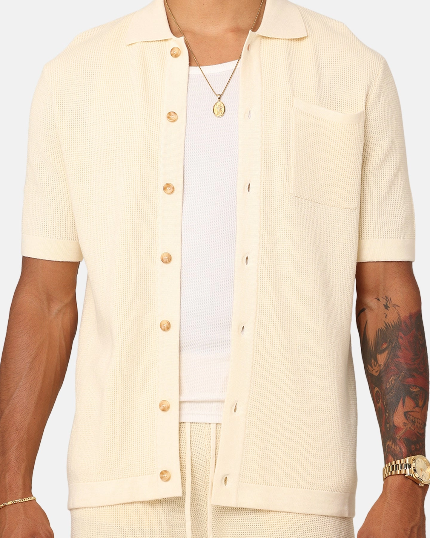 Smooth Stitch Pattern hypoallergenic XXIII Zyair Knit Rib Button Up Shirt Cream
