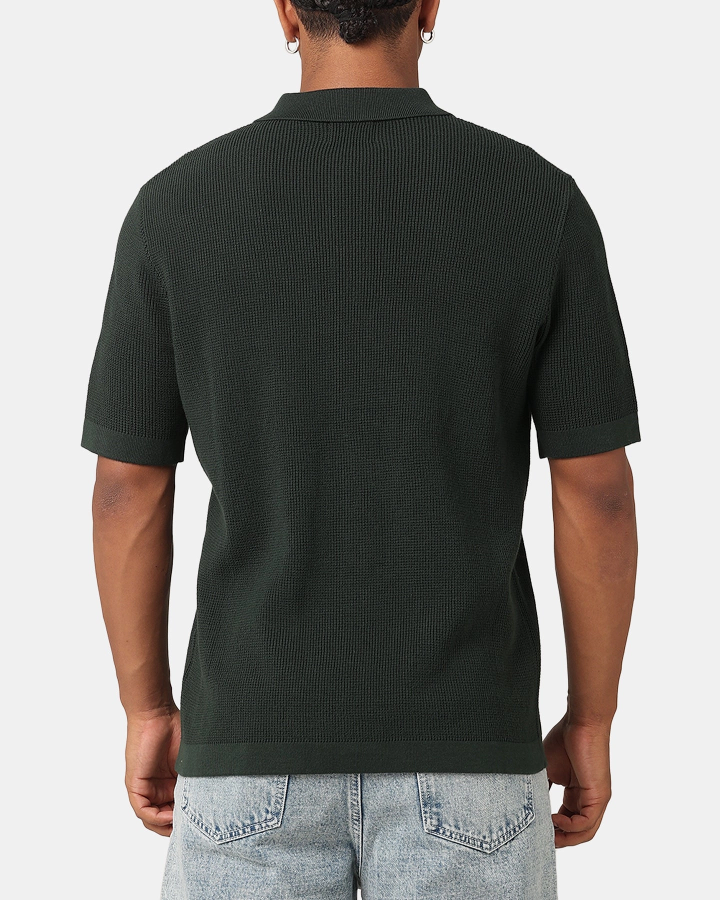 XXIII Zyair Knit Rib Button Up Shirt Dark Green Round Collar Relaxed Style