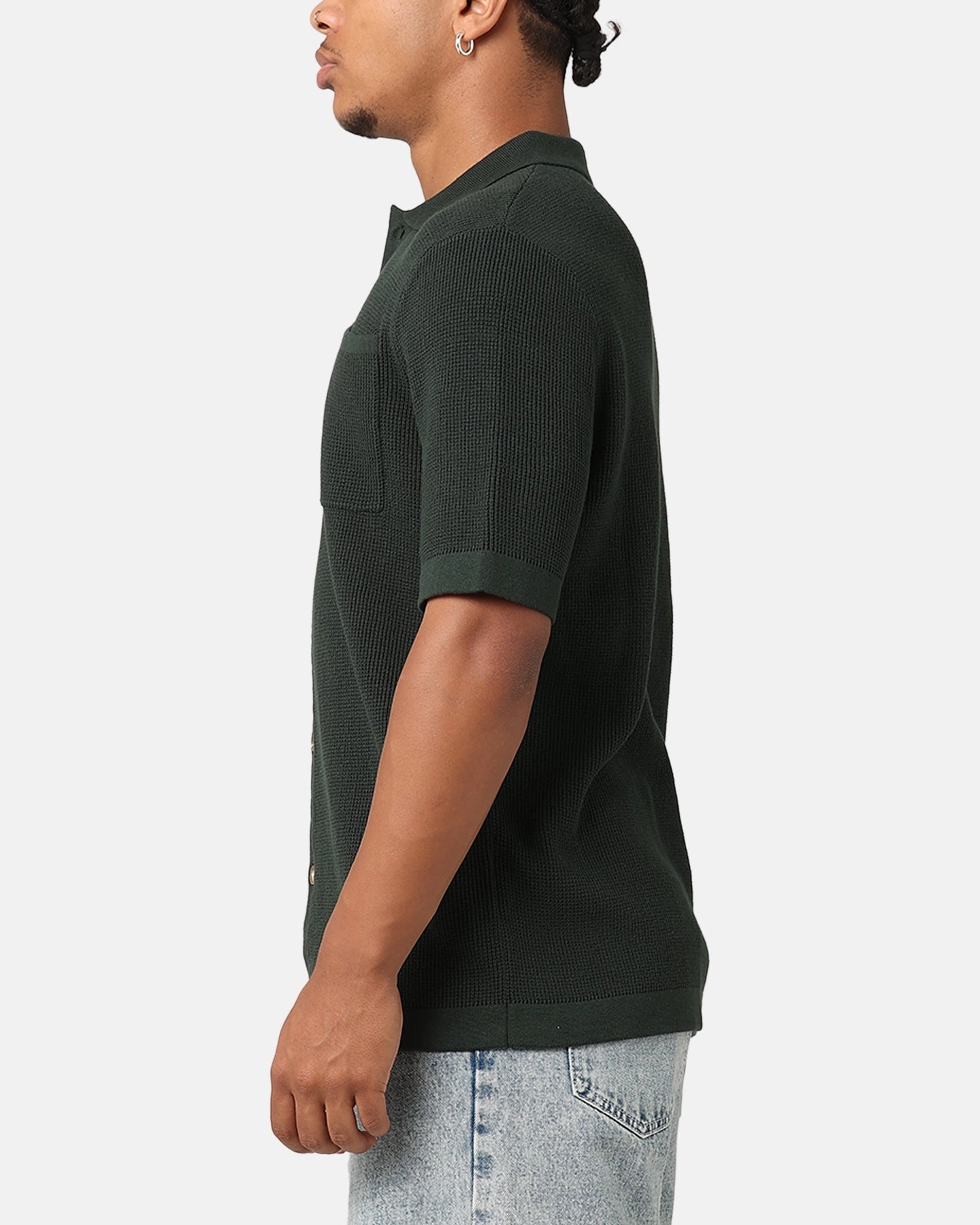Eco Friendly Material Vintage Wash XXIII Zyair Knit Rib Button Up Shirt Dark Green