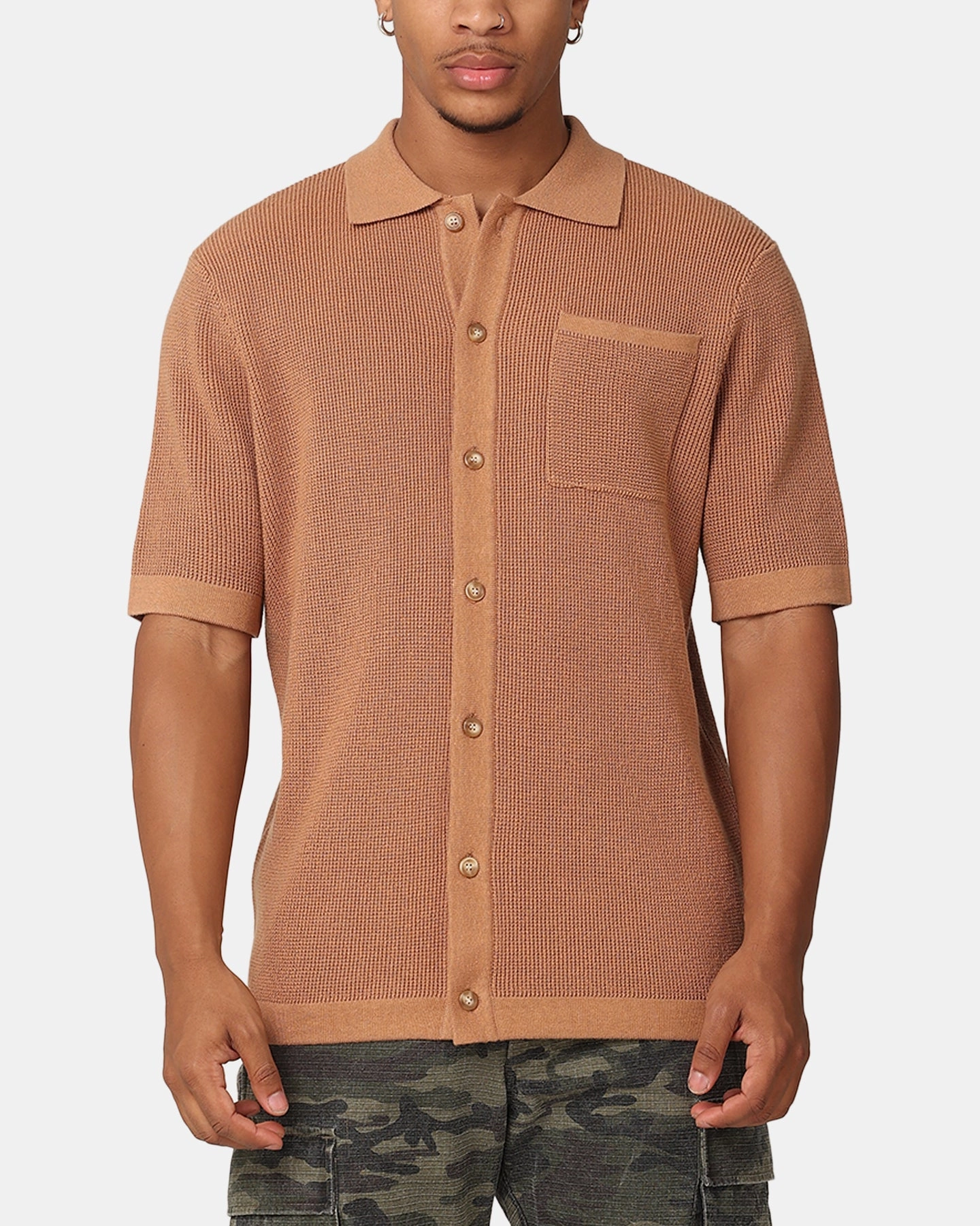 XXIII Zyair Knit Rib Button Up Shirt Mocha Seamless Sides Subtle patterns
