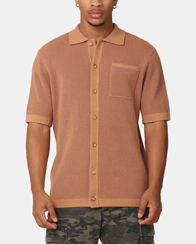 XXIII Zyair Knit Rib Button Up Shirt Mocha Seamless Sides Subtle patterns