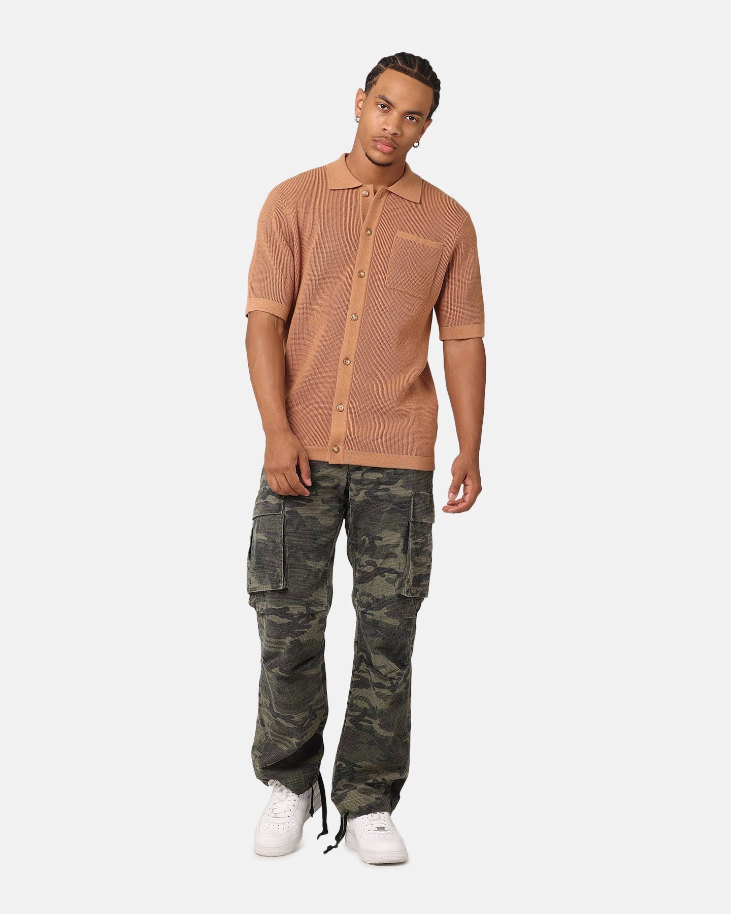 XXIII Zyair Knit Rib Button Up Shirt Mocha Neutral Toned Stitching crew neck