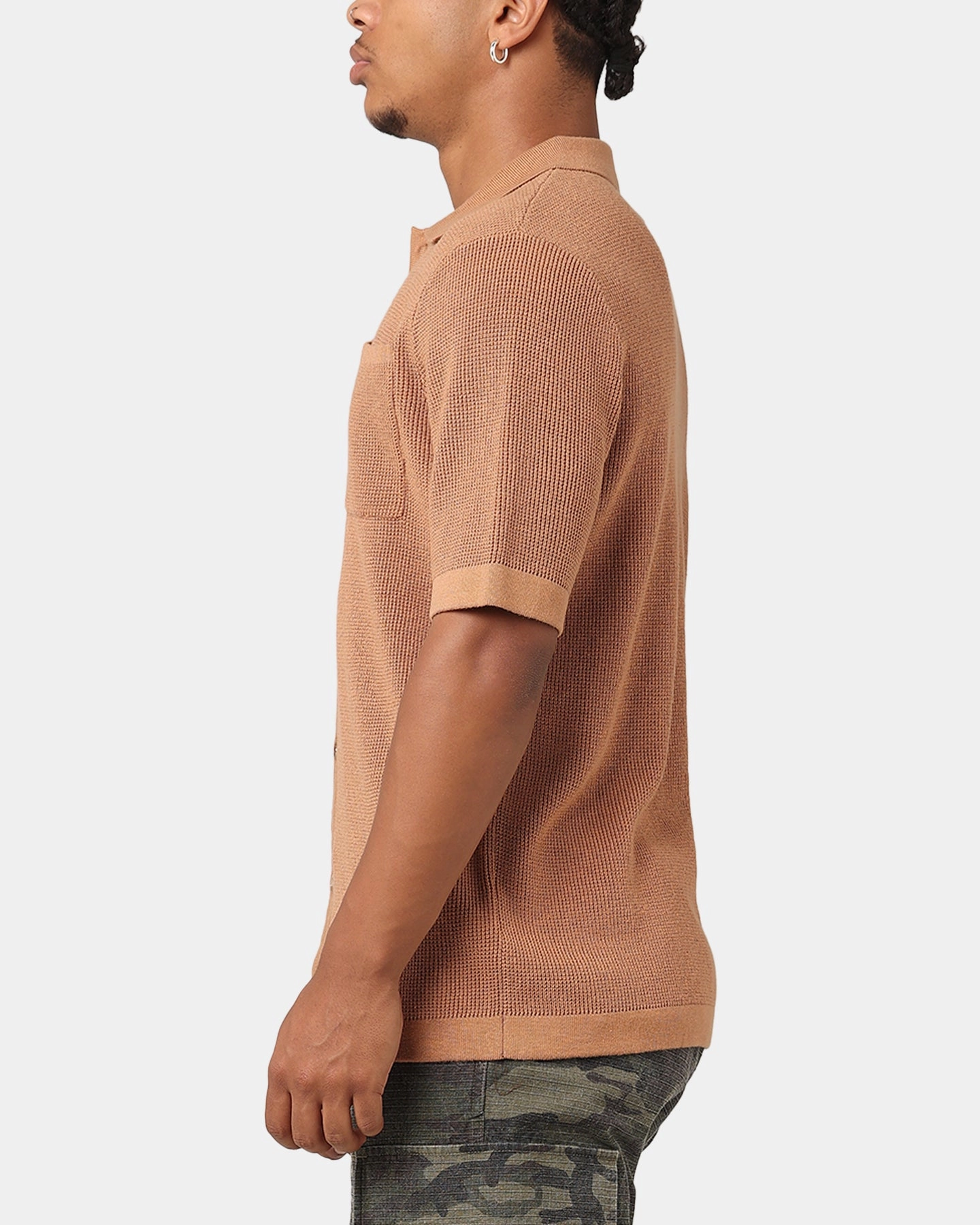 XXIII Zyair Knit Rib Button Up Shirt Mocha Quick Release Placket Athleisure Wear