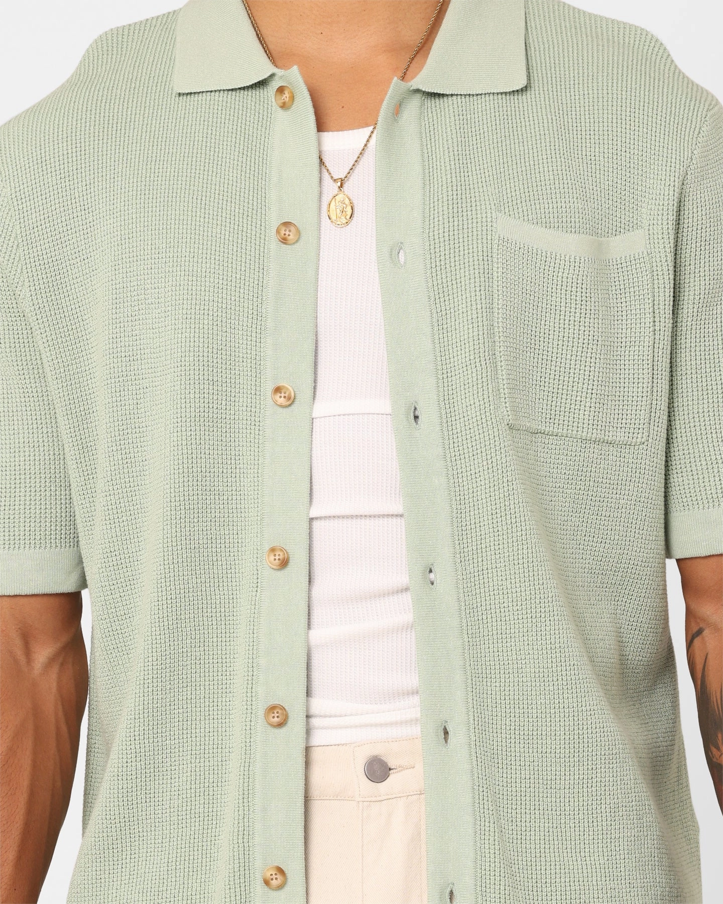 XXIII Zyair Knit Rib Button Up Shirt Sage Thermoregulating Layer