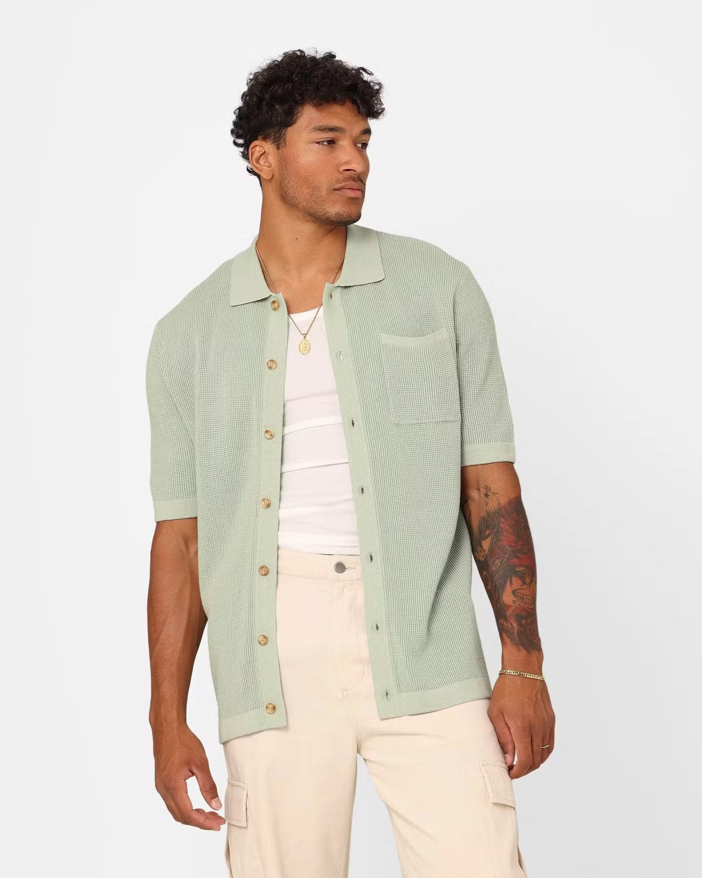 XXIII Zyair Knit Rib Button Up Shirt Sage EasyCare Fabric