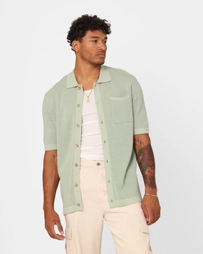 XXIII Zyair Knit Rib Button Up Shirt Sage EasyCare Fabric