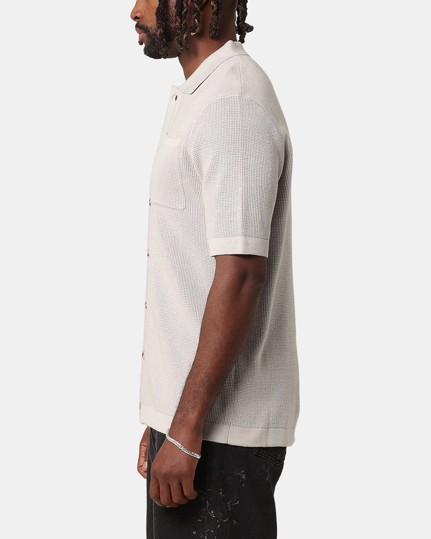 XXIII Zyair Knit Rib Button Up Shirt Stone Advanced Moisture Management