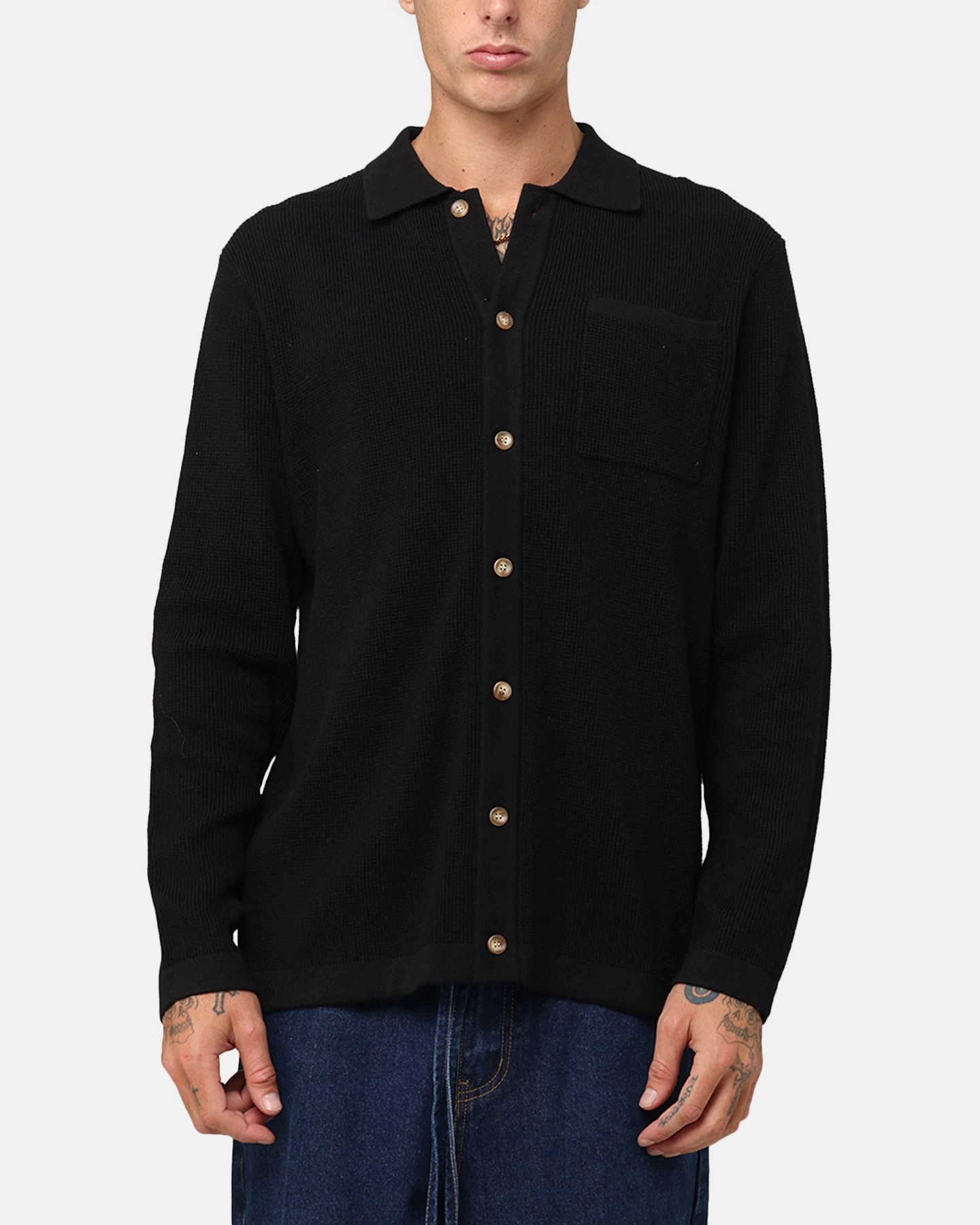XXIII Zyair Knit Rib Long Sleeve Button Up Shirt Black Classic Design Limited Edition