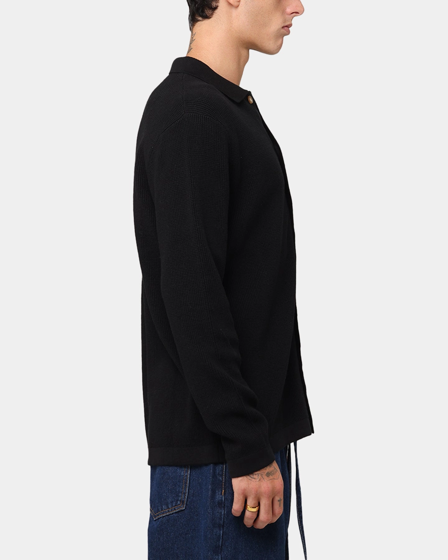 XXIII Zyair Knit Rib Long Sleeve Button Up Shirt Black Minimalist Closure Gender Neutral