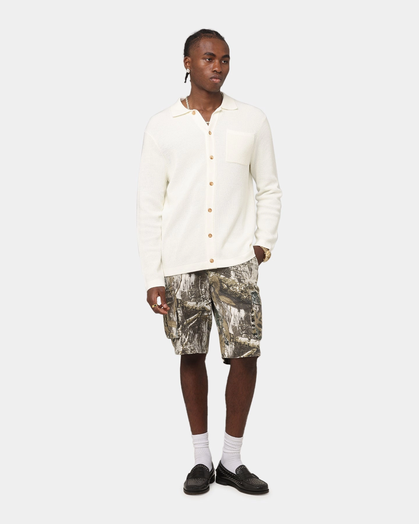 XXIII Zyair Knit Rib Long Sleeve Button Up Shirt Cream Lakeside Relaxation Breathable Underarm Vents