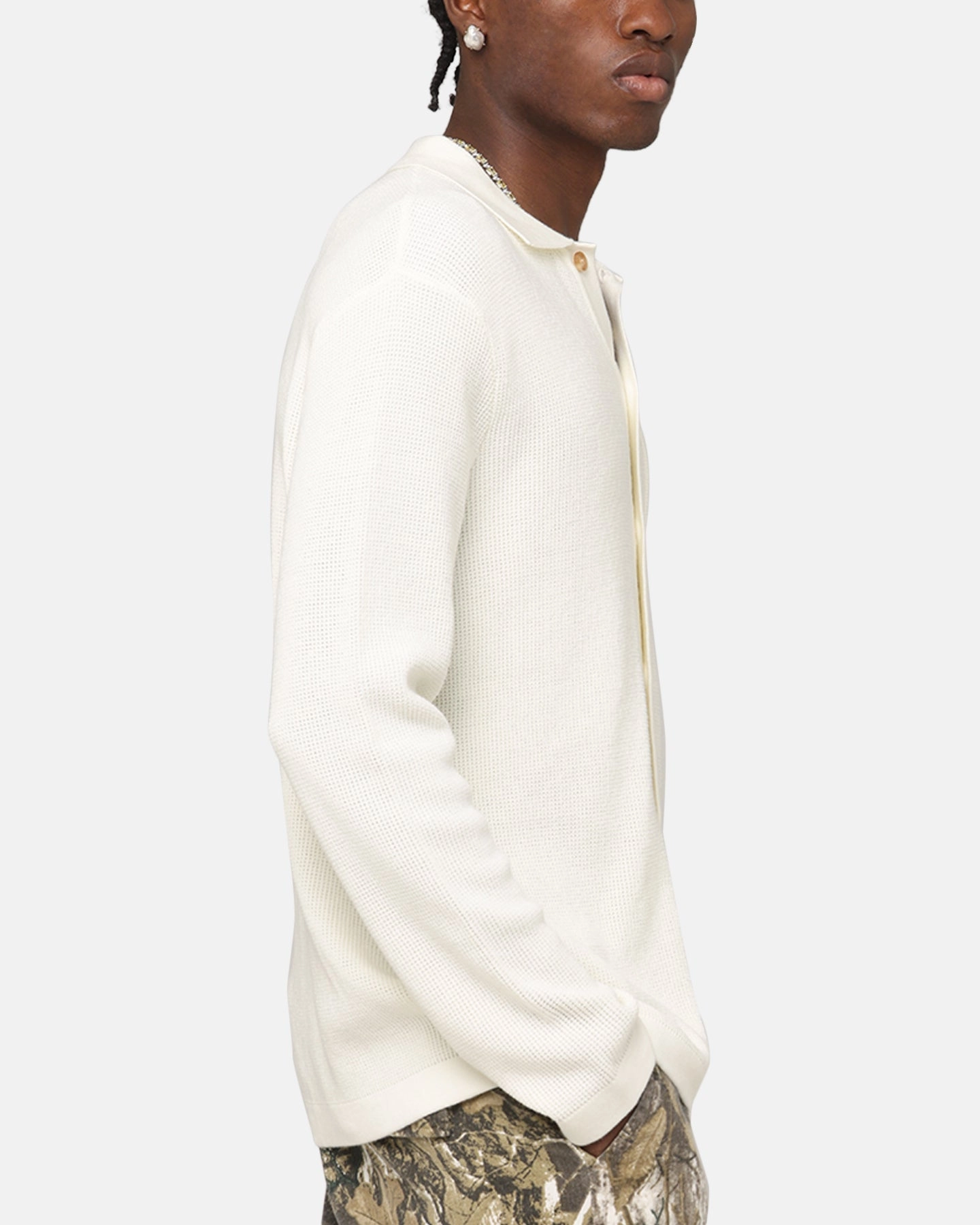 Sports Ready XXIII Zyair Knit Rib Long Sleeve Button Up Shirt Cream