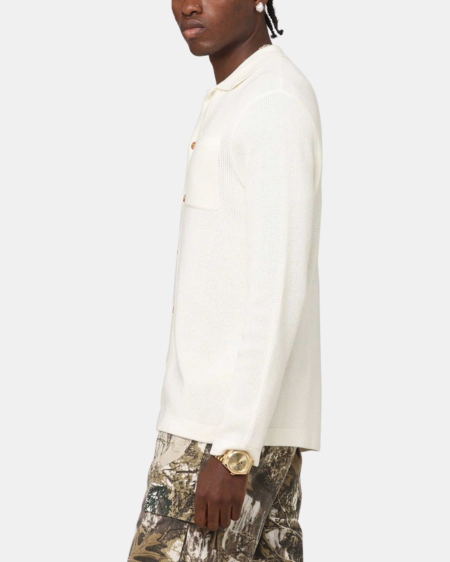 XXIII Zyair Knit Rib Long Sleeve Button Up Shirt Cream Custom Fit Minimalist Closure