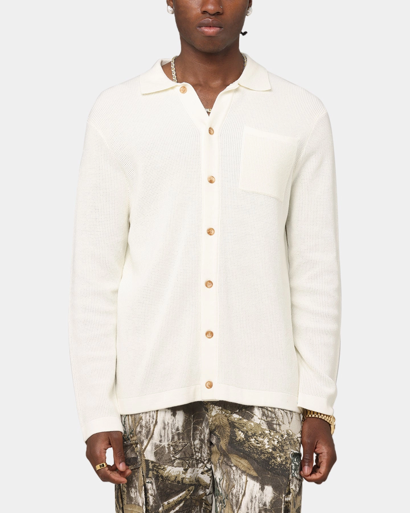 Cultural Inspired XXIII Zyair Knit Rib Long Sleeve Button Up Shirt Cream