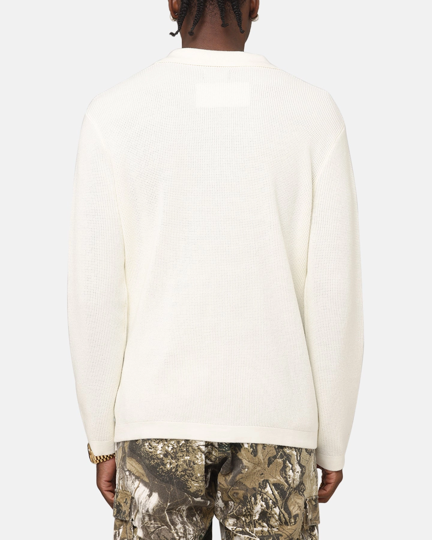 Non Restrictive Armhole Neutral Tone XXIII Zyair Knit Rib Long Sleeve Button Up Shirt Cream