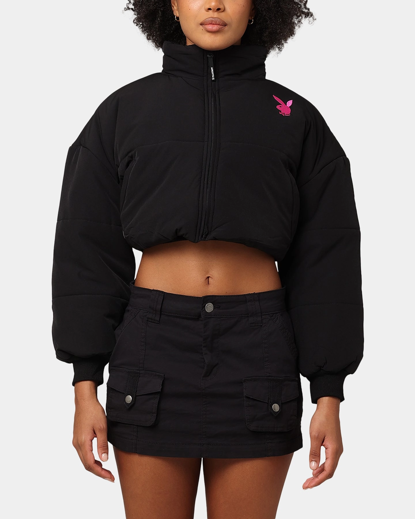 Urban Cool Playboy Bunny O Cropped Puffer Jacket Black
