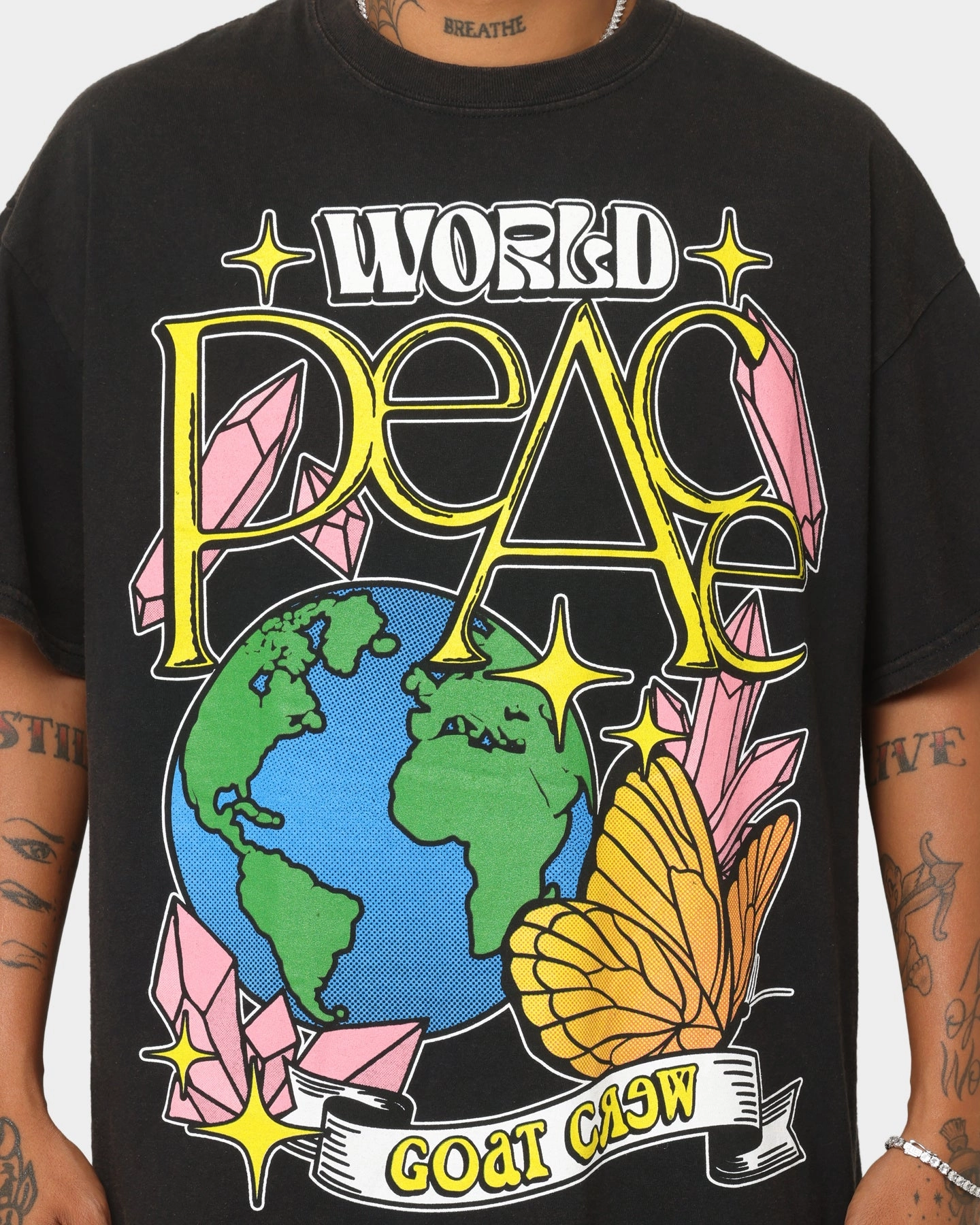 Goat Crew World Peace Vintage T-Shirt Black Wash Practical Design