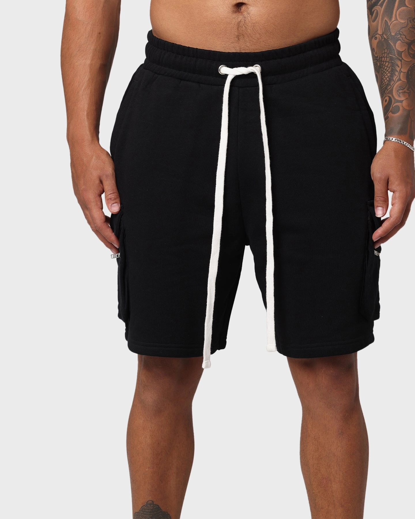 EN ES Cargo Fleece Shorts Black Anti Pilling Technology two piece outfit