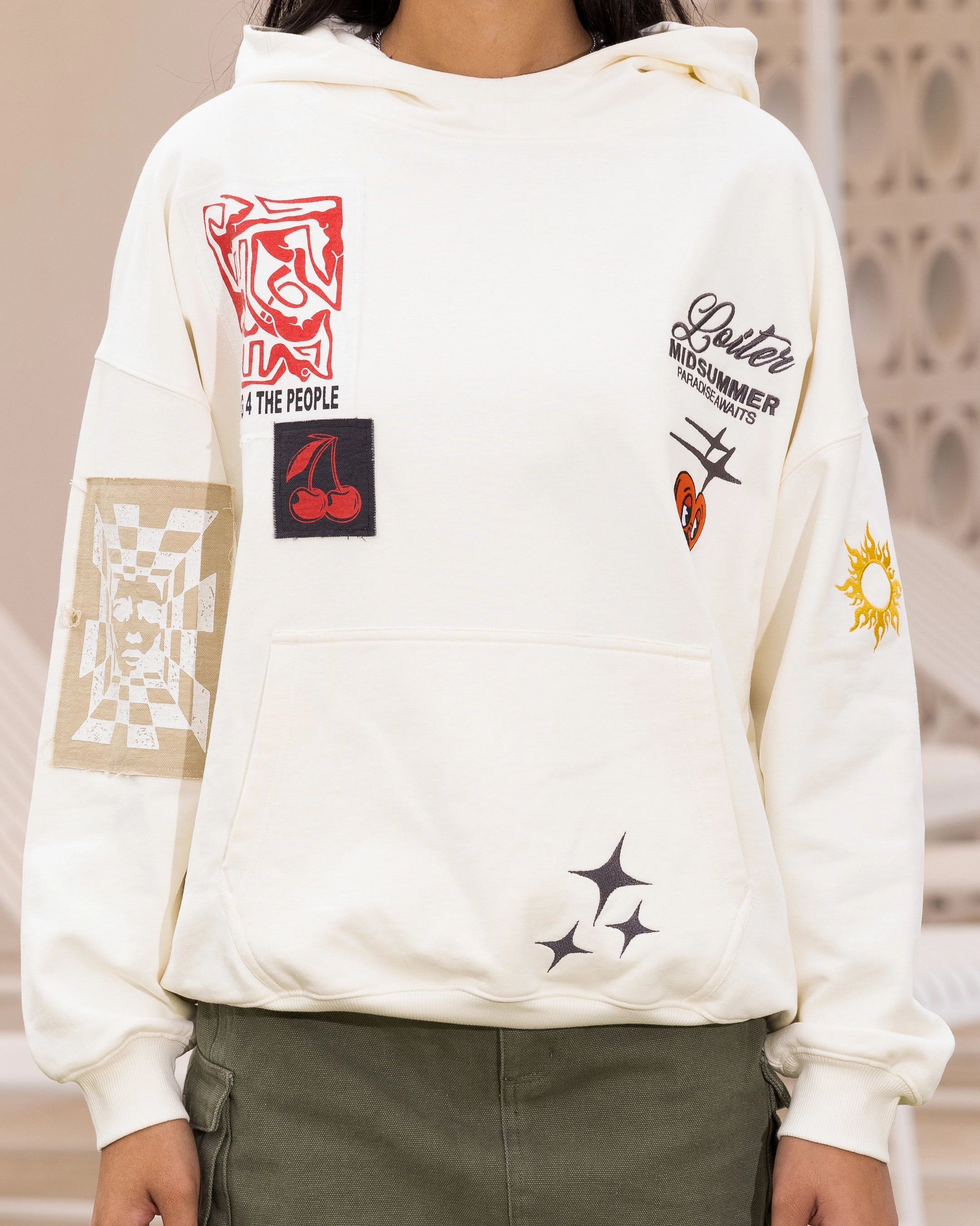 Loiter Patchwork Hoodie Off White suitable for theater performances