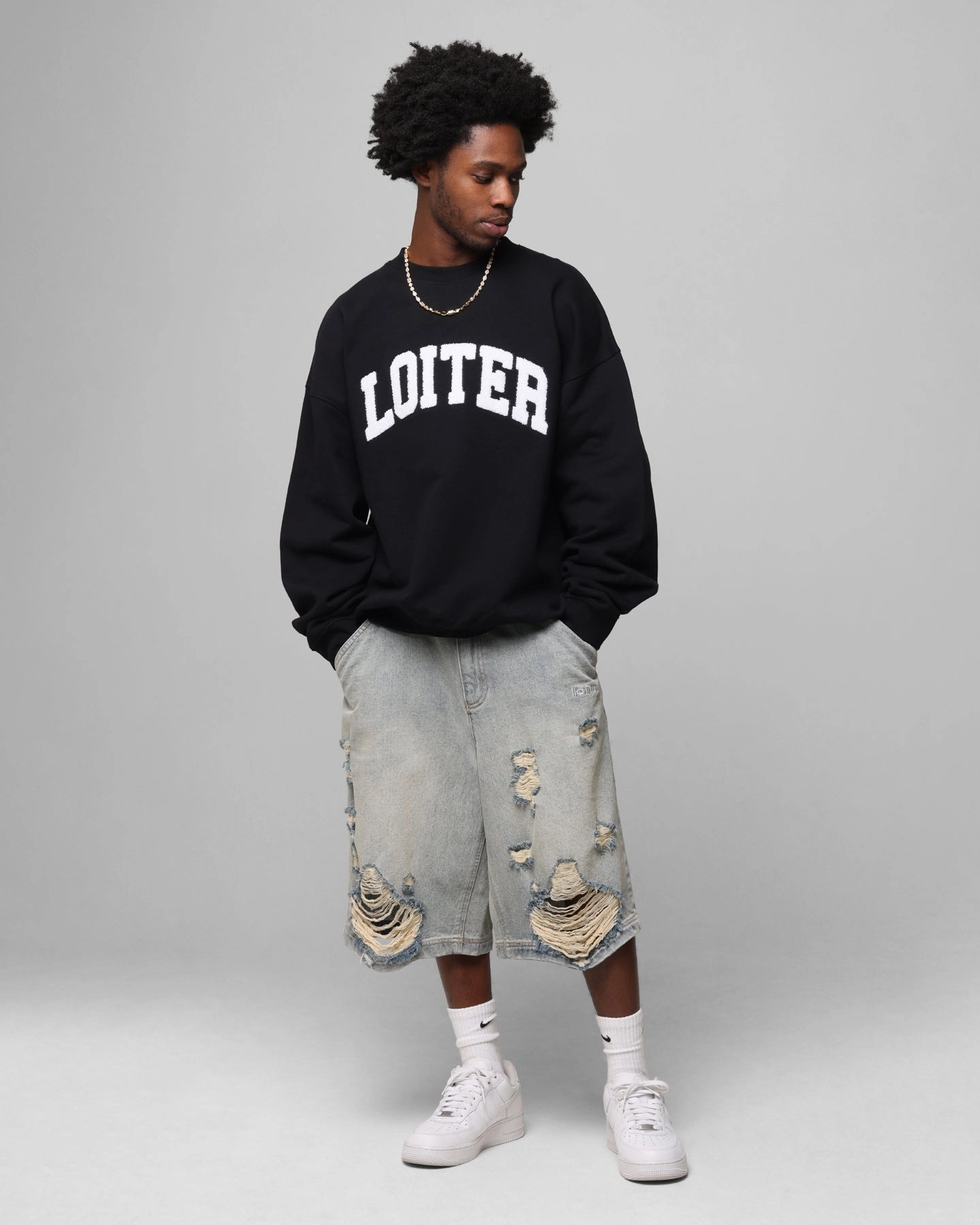 Sustainable Recycled Material Basic Essential Layer Loiter Arch Premium Crewneck Black