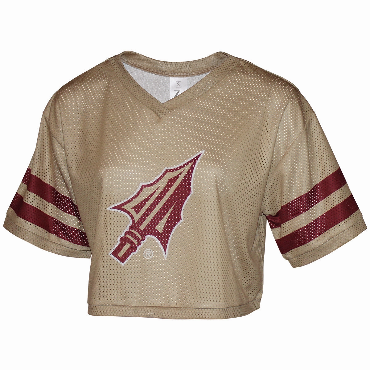 ZooZatz Women's Arrowhead Logo V-neck Crop Mesh Jersey - Gold/Garnet Minimalist Aesthetic regular but not boring
