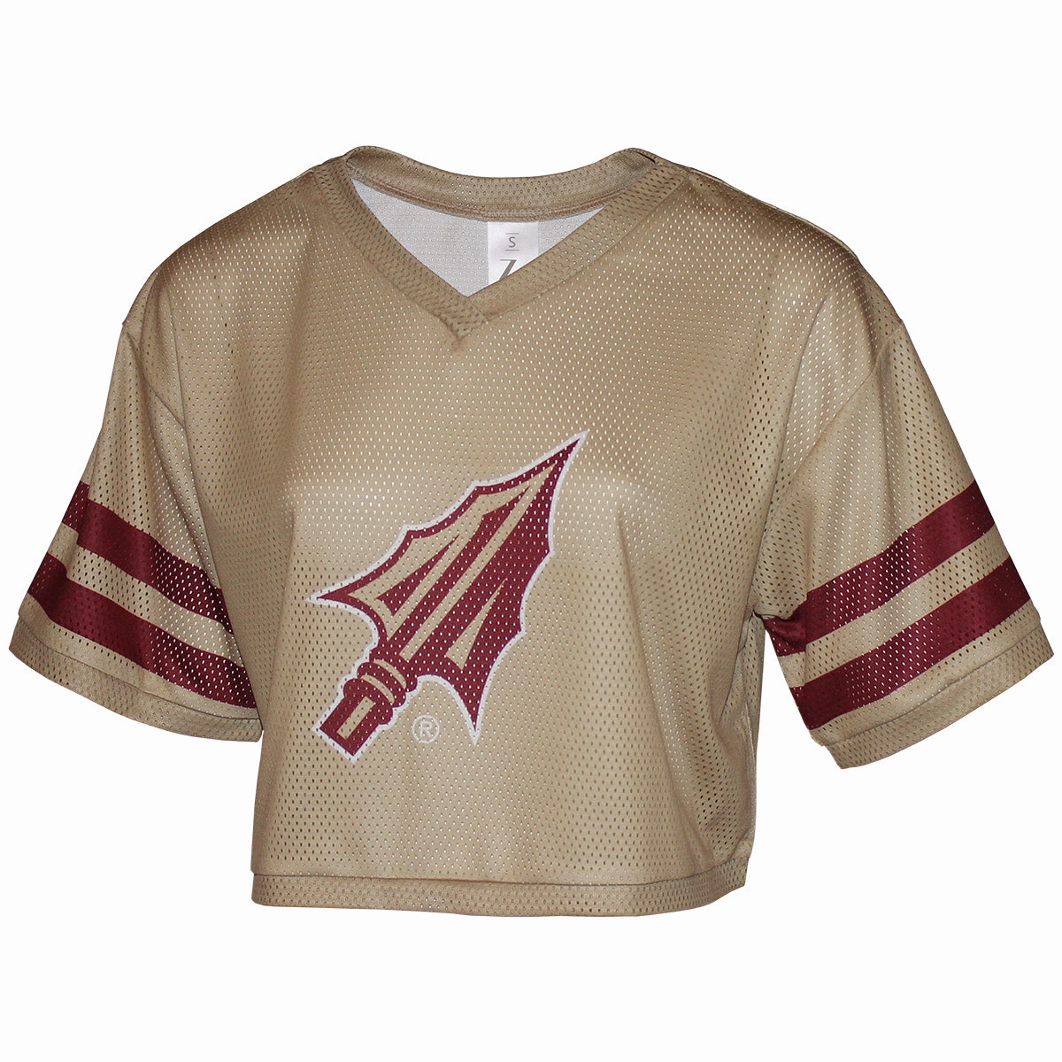 ZooZatz Women's Arrowhead Logo V-neck Crop Mesh Jersey - Gold/Garnet Fresh Trend Cool Style